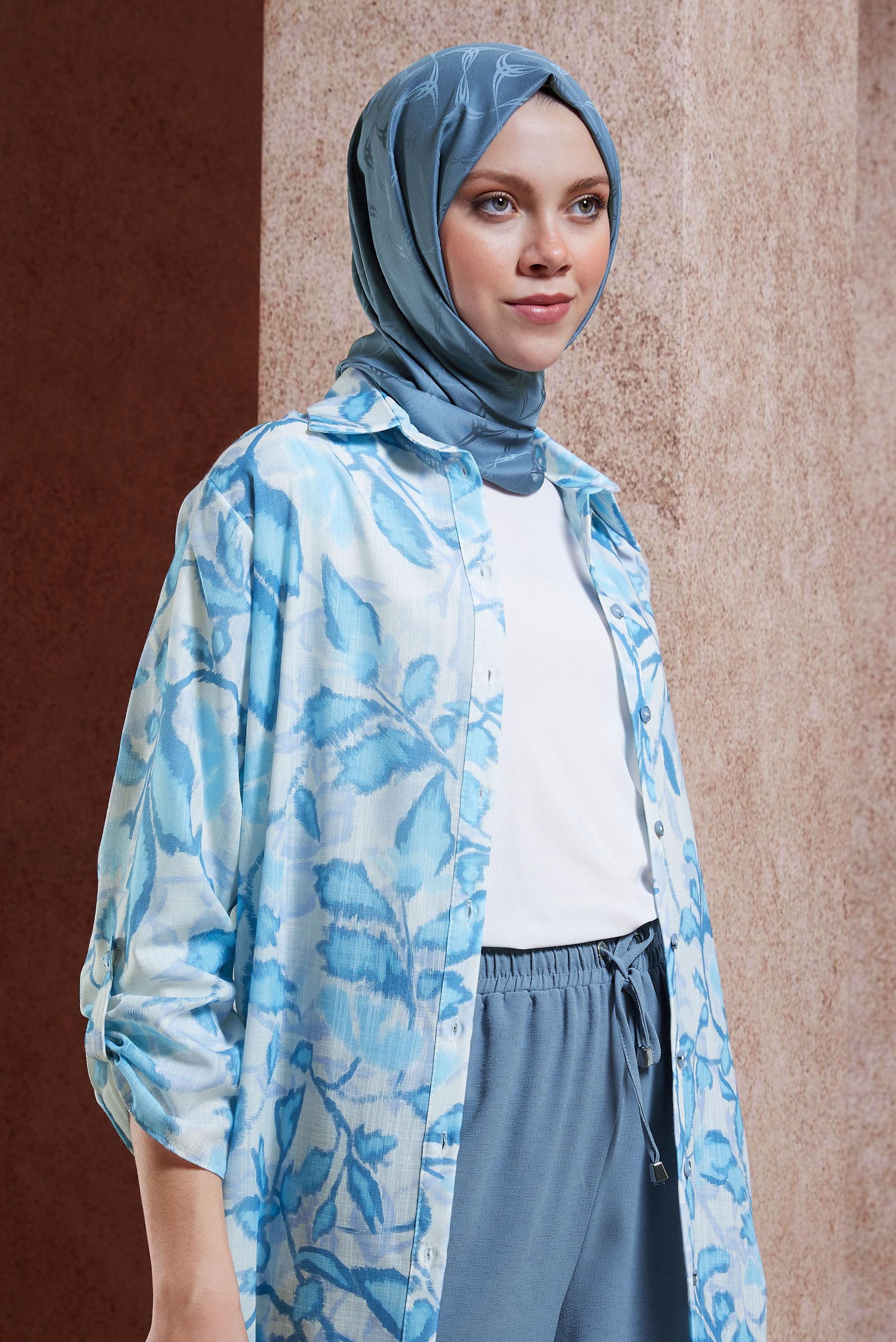 Tesettür giyim MAVİ DESENLİ KETEN EFEKTLİ TUNİK 44769