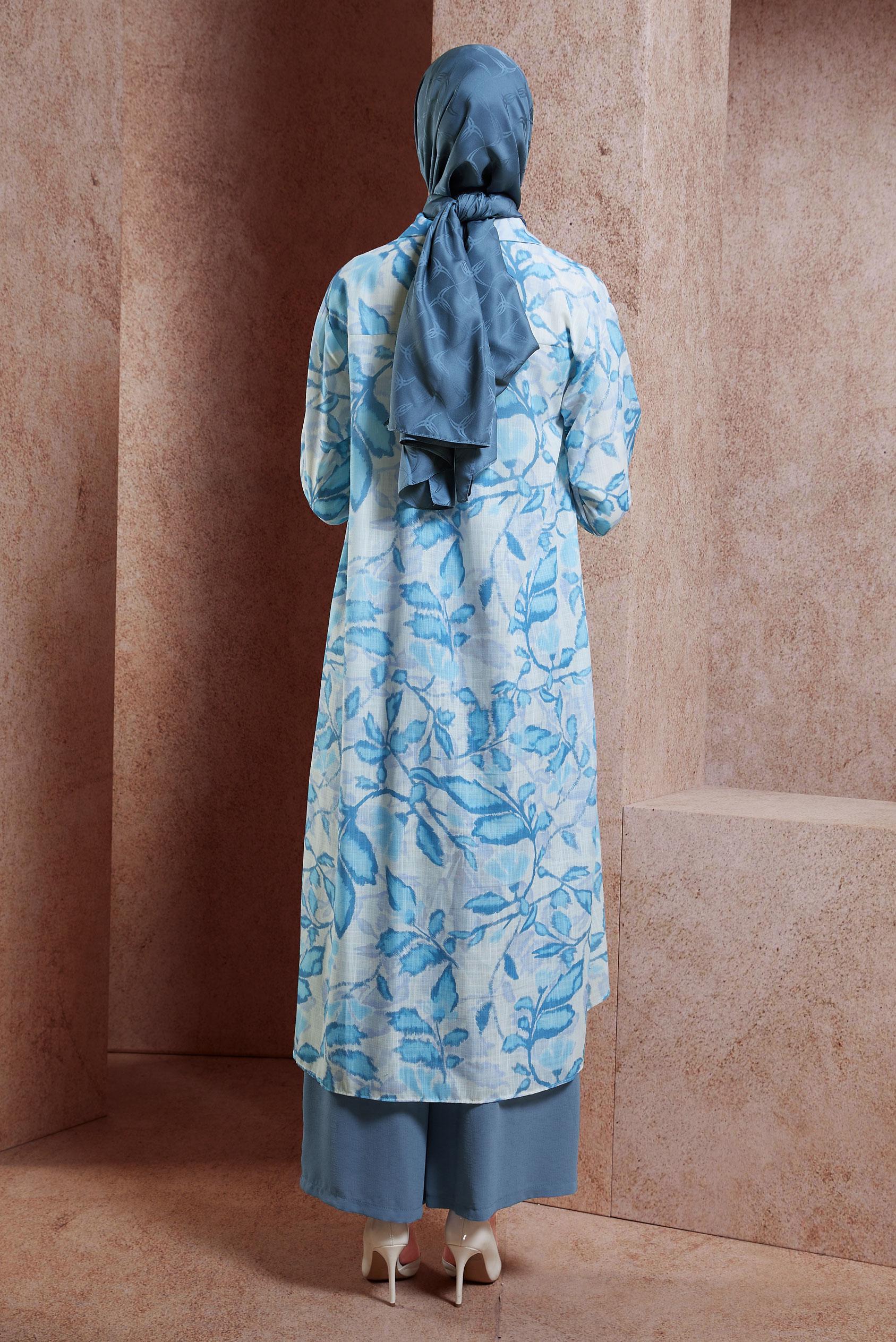 Tesettür giyim MAVİ DESENLİ KETEN EFEKTLİ TUNİK 44769