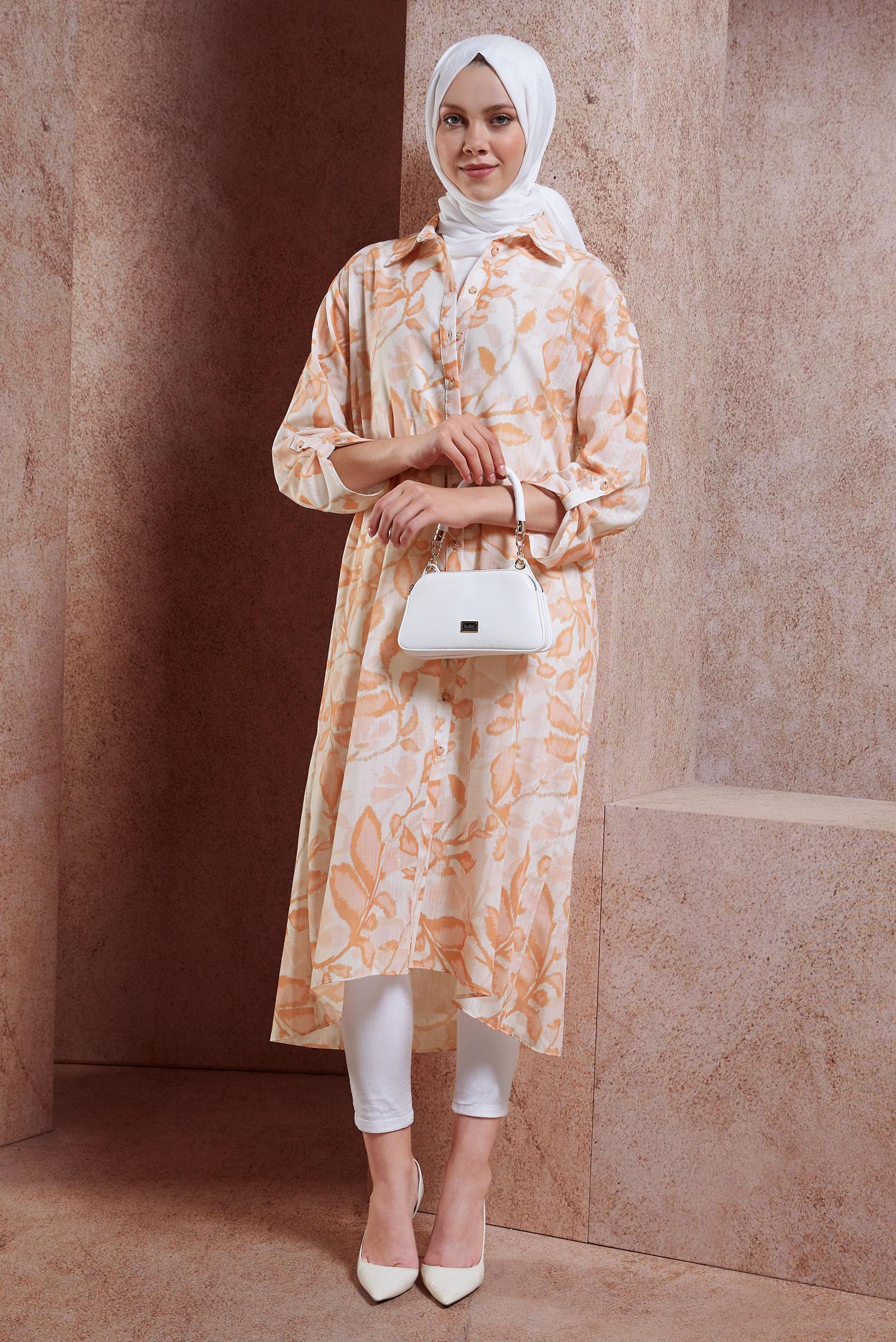 Tesettür giyim TURUNCU DESENLİ KETEN EFEKTLİ TUNİK 44769