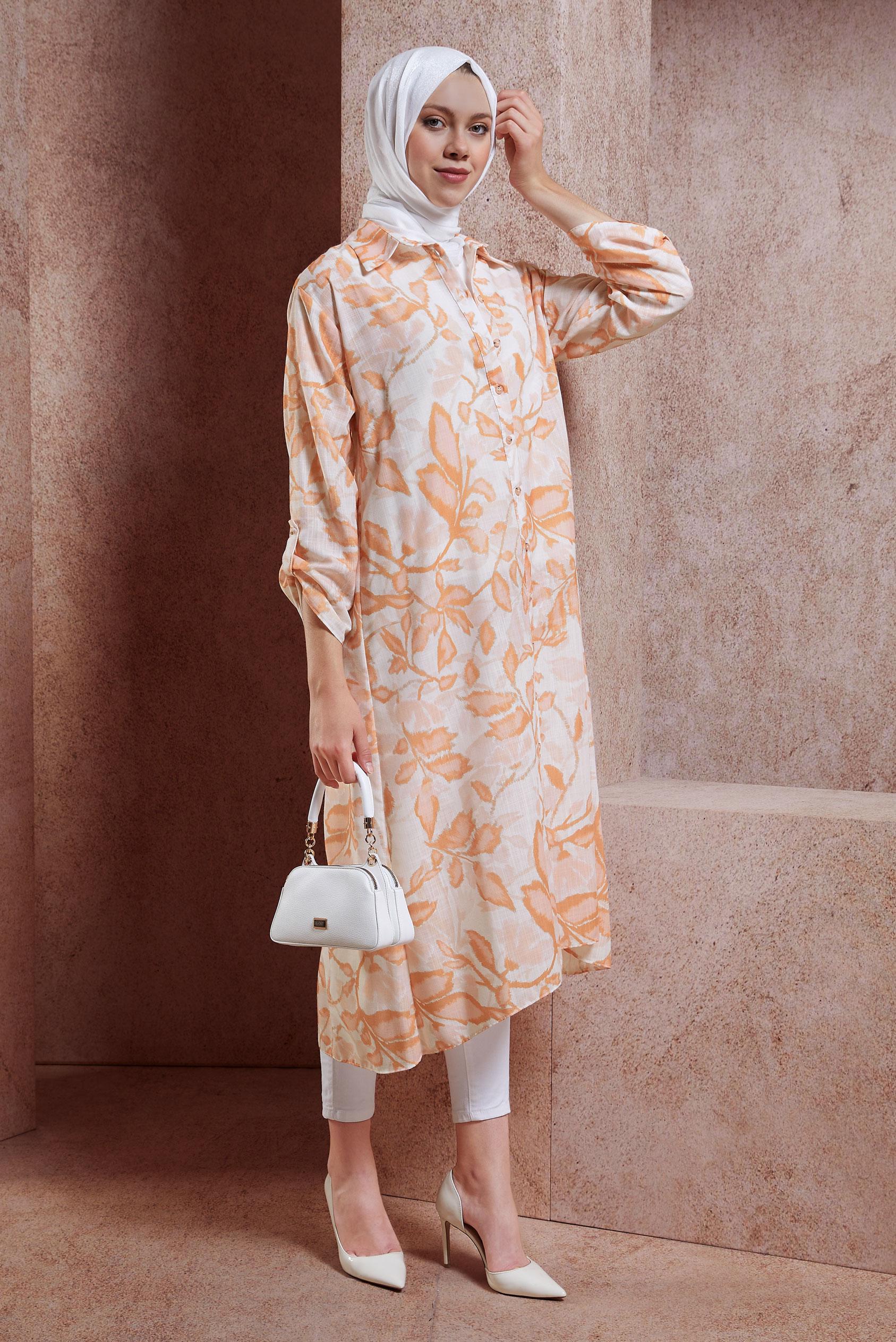 Tesettür giyim TURUNCU DESENLİ KETEN EFEKTLİ TUNİK 44769