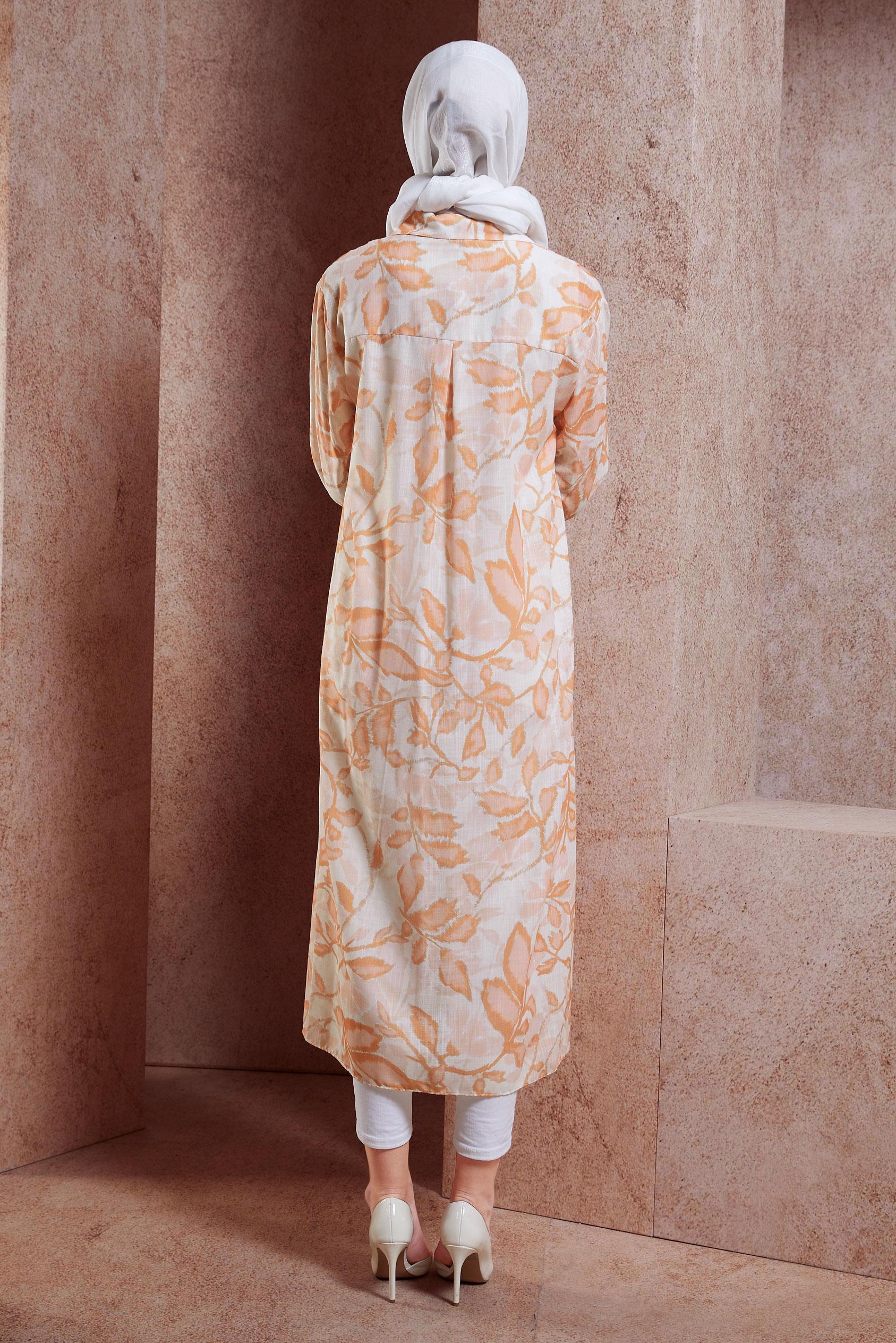 Tesettür giyim TURUNCU DESENLİ KETEN EFEKTLİ TUNİK 44769