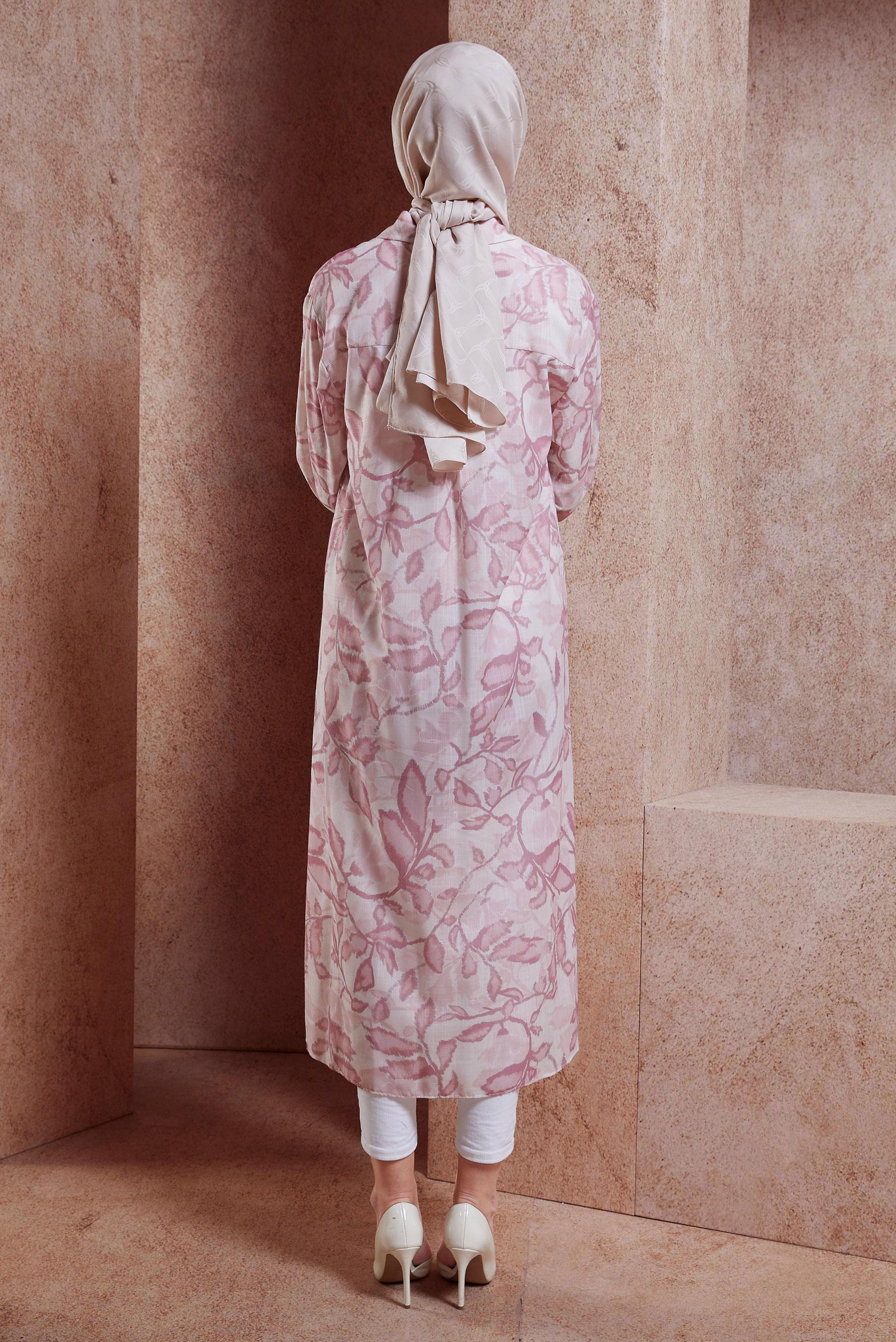 Tesettür giyim PEMBE DESENLİ KETEN EFEKTLİ TUNİK 44769