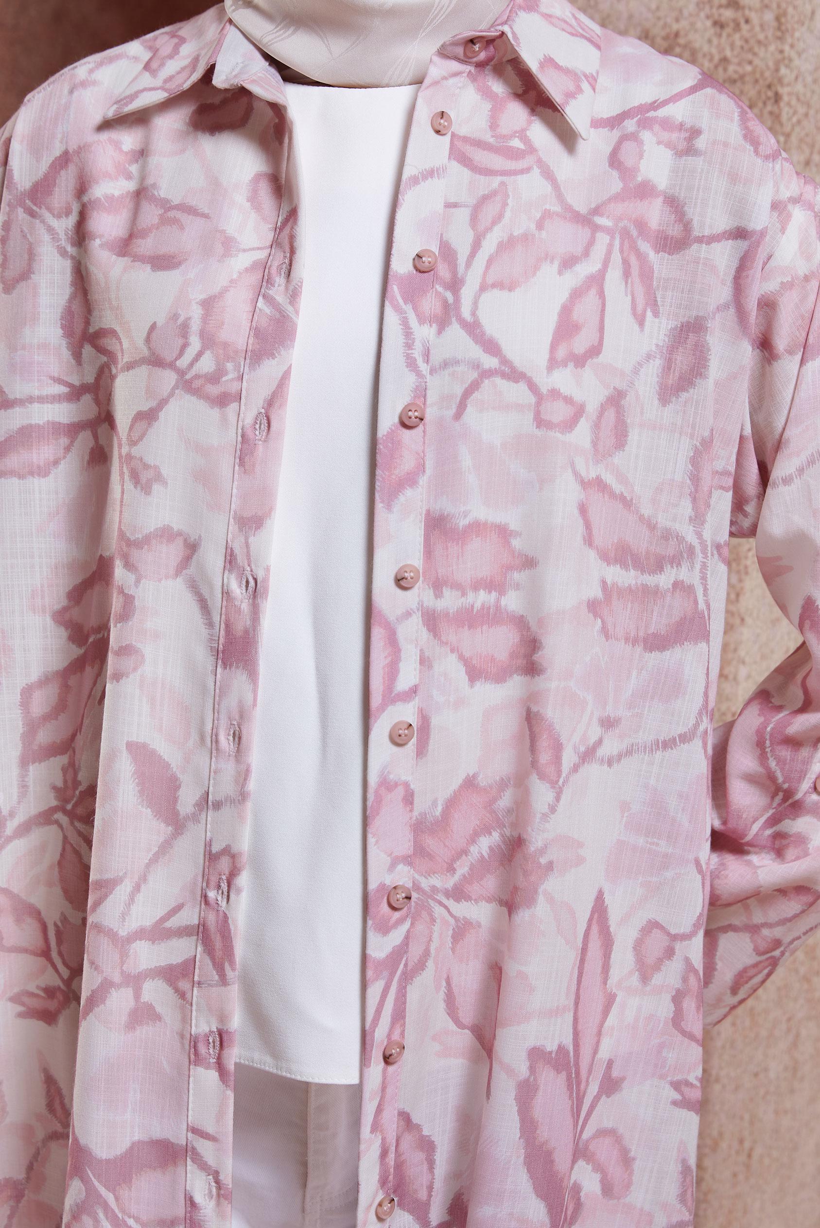 Tesettür giyim PEMBE DESENLİ KETEN EFEKTLİ TUNİK 44769