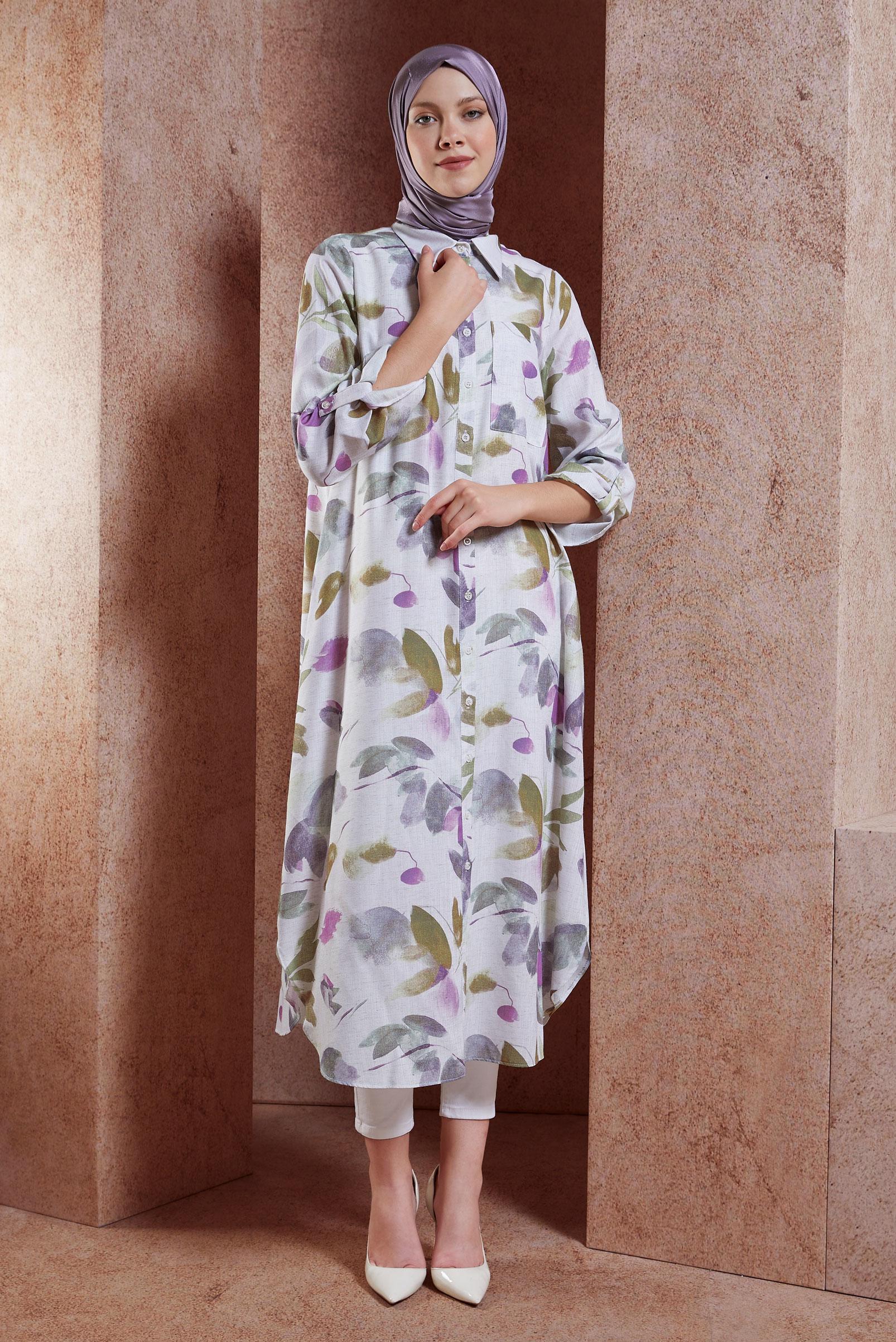 Tesettür giyim MOR DESENLİ KETEN DOKULU TUNİK 44770