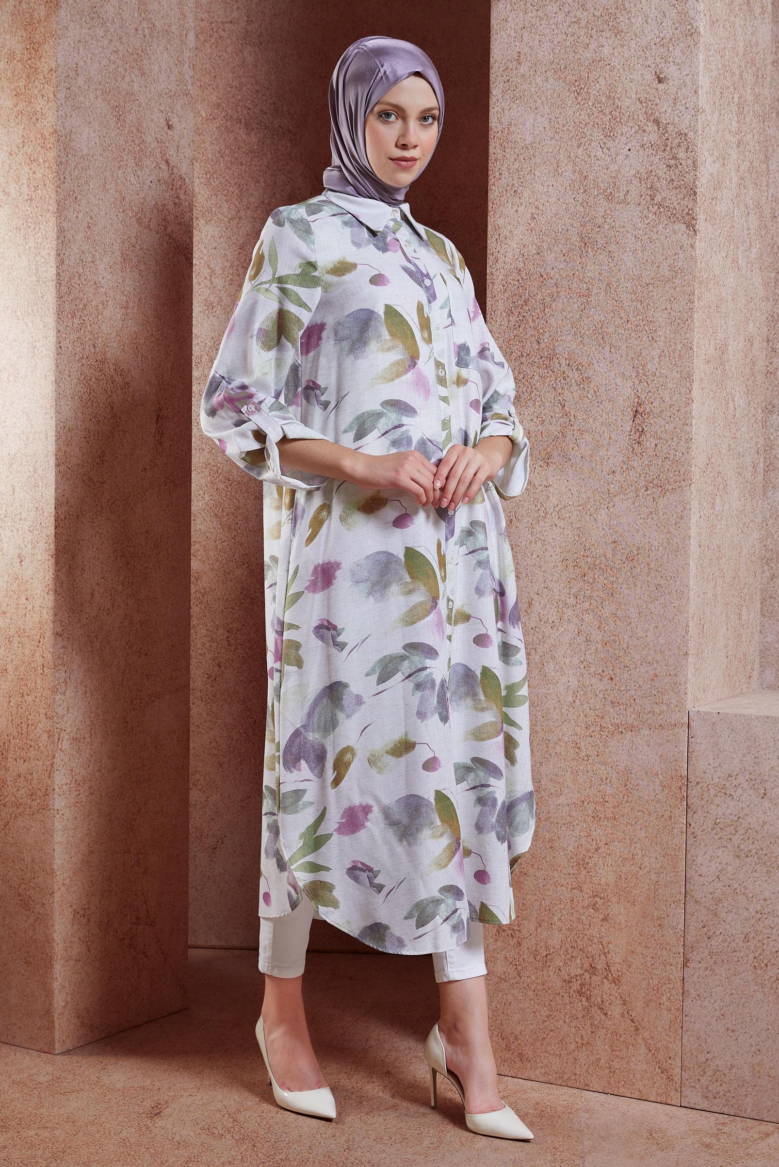 Tesettür giyim MOR DESENLİ KETEN DOKULU TUNİK 44770