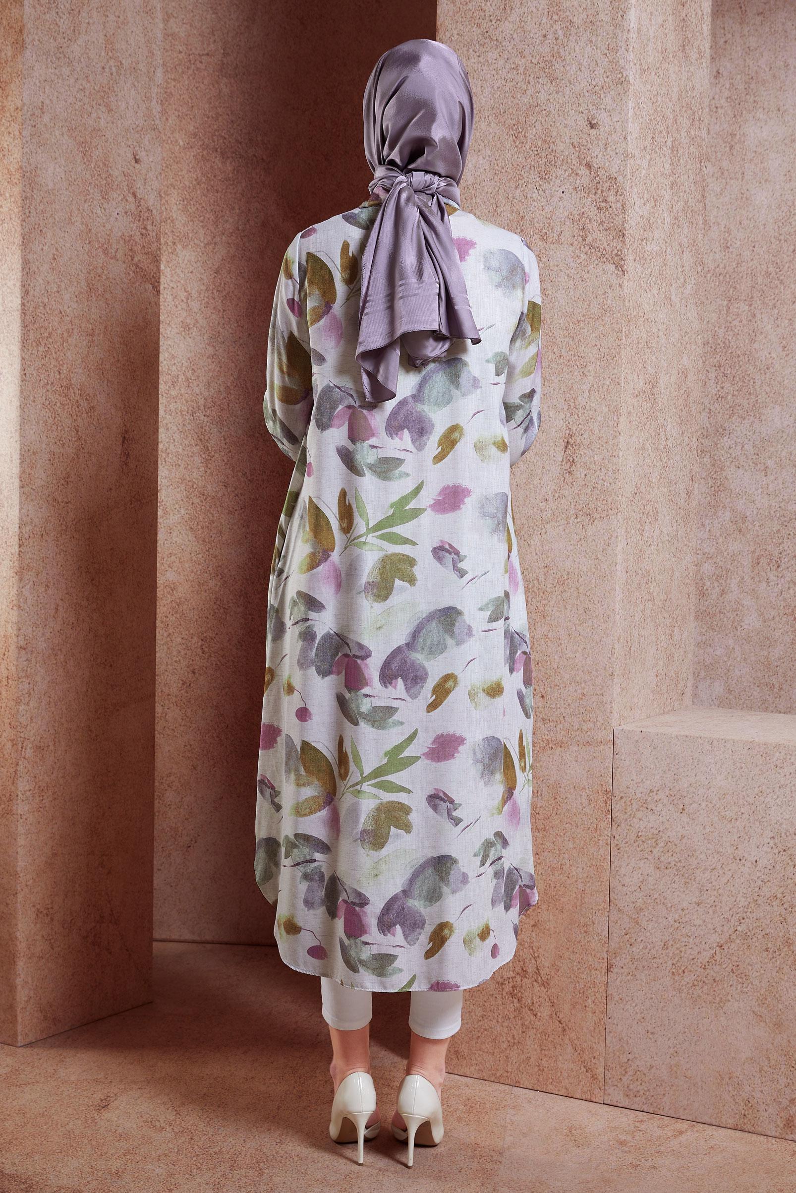 Tesettür giyim MOR DESENLİ KETEN DOKULU TUNİK 44770