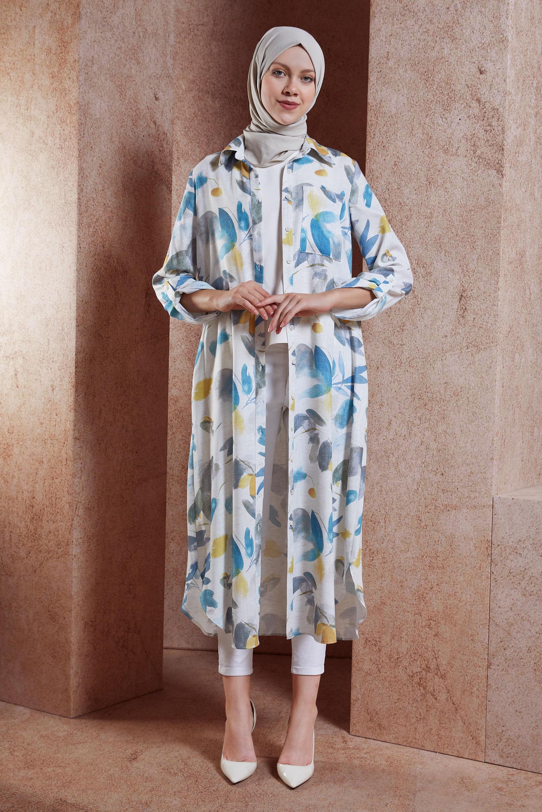 Hijab clothing BLUE PATTERNED LINEN TEXTURED TUNIC 44770