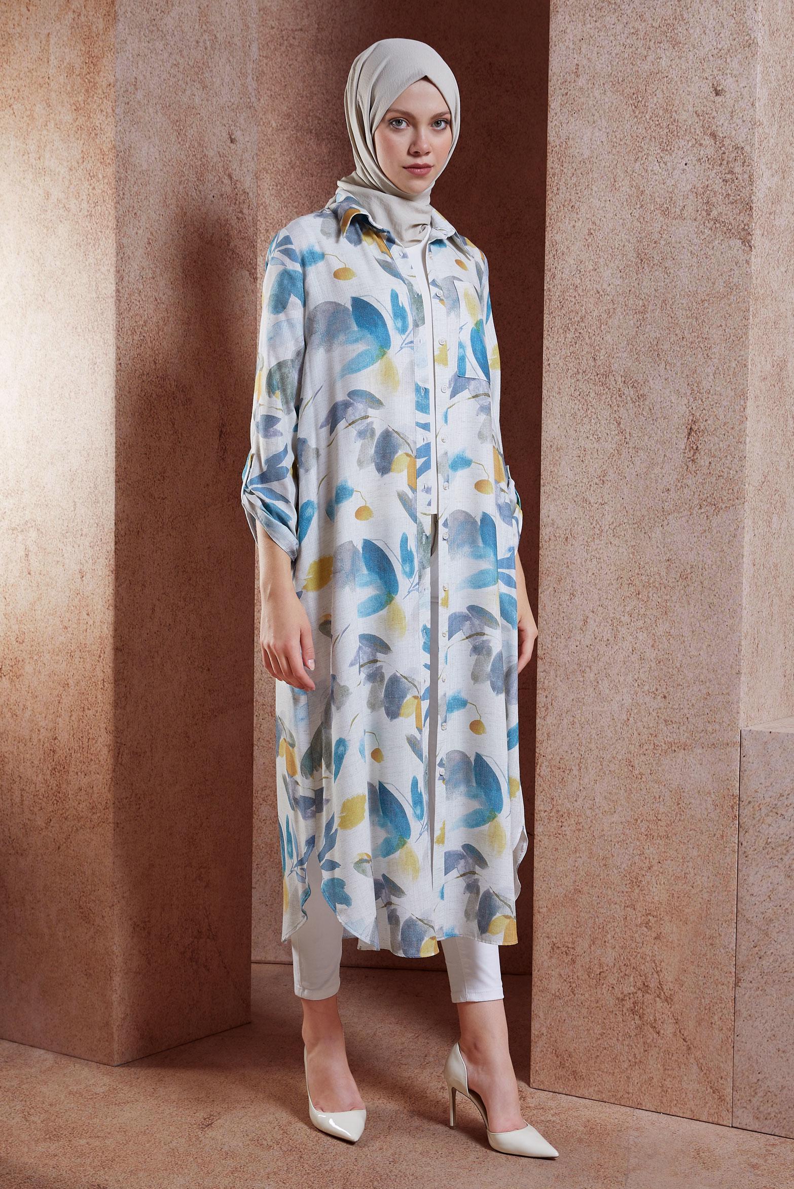 Hijab clothing BLUE PATTERNED LINEN TEXTURED TUNIC 44770