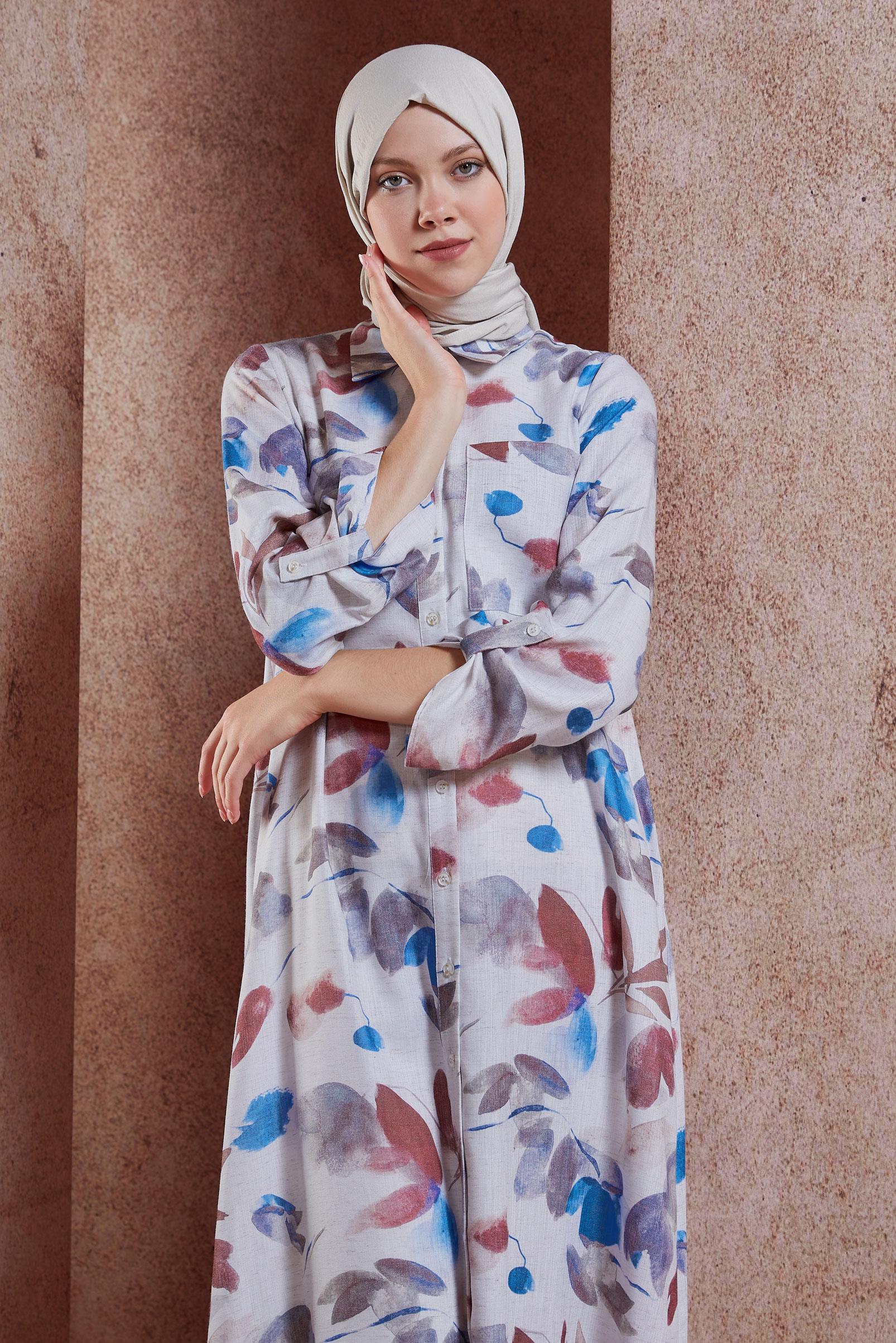 Tesettür giyim LACİVERT DESENLİ KETEN DOKULU TUNİK 44770