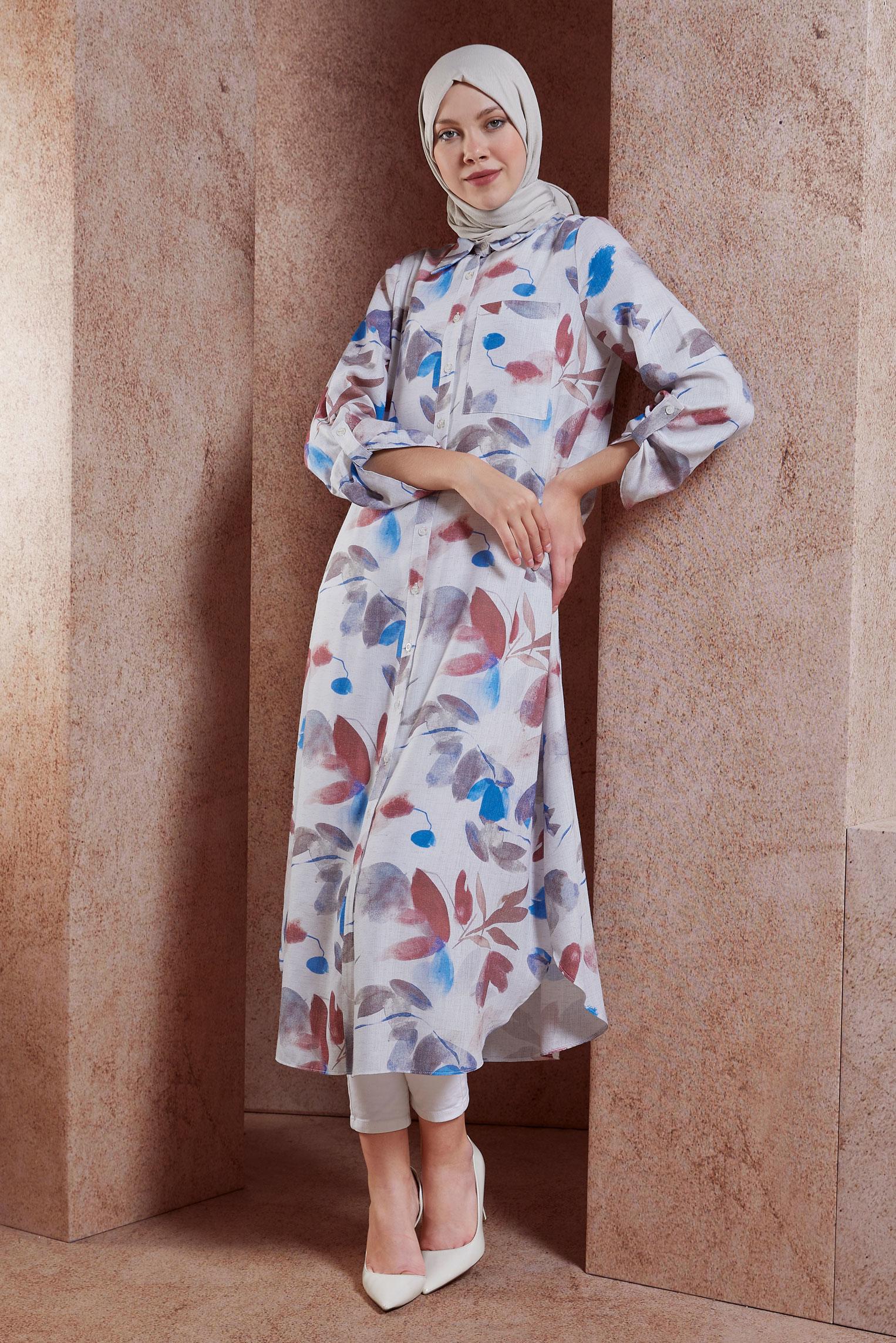 Tesettür giyim LACİVERT DESENLİ KETEN DOKULU TUNİK 44770