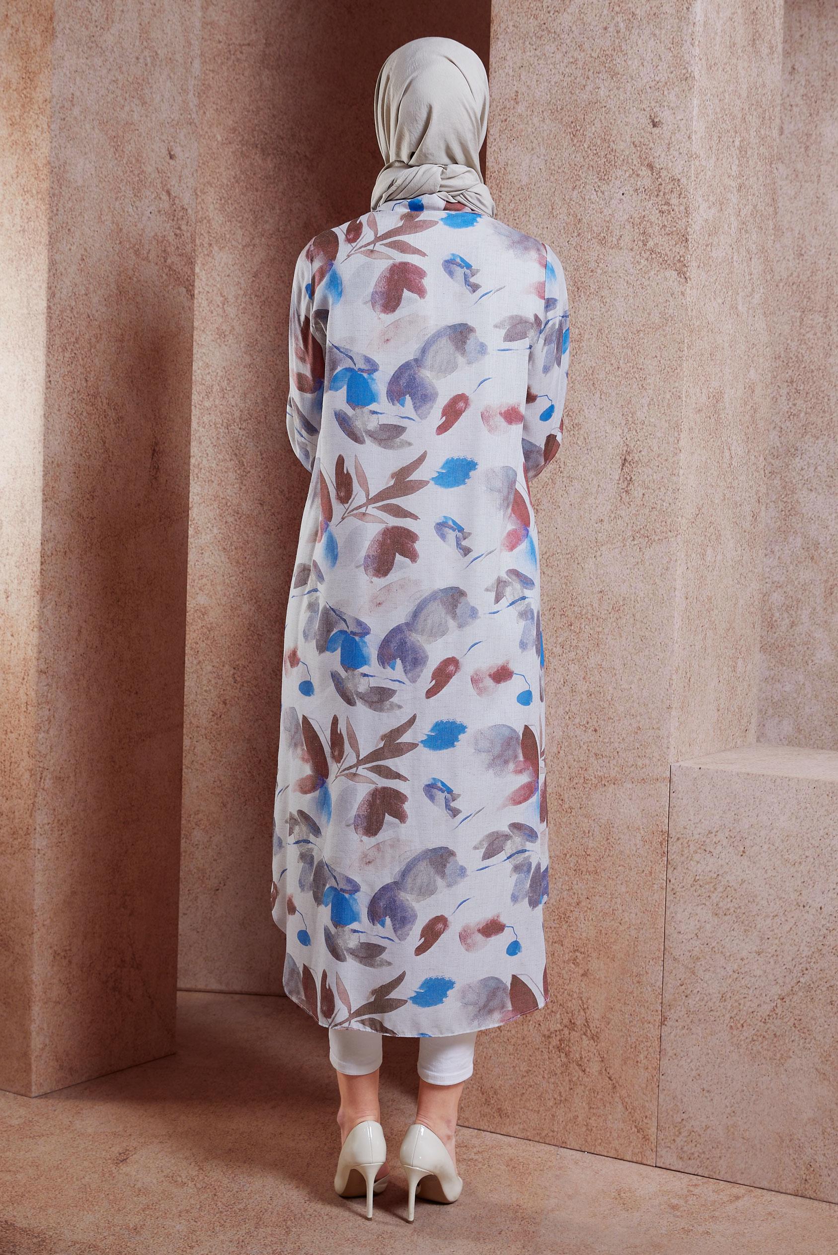 Tesettür giyim LACİVERT DESENLİ KETEN DOKULU TUNİK 44770