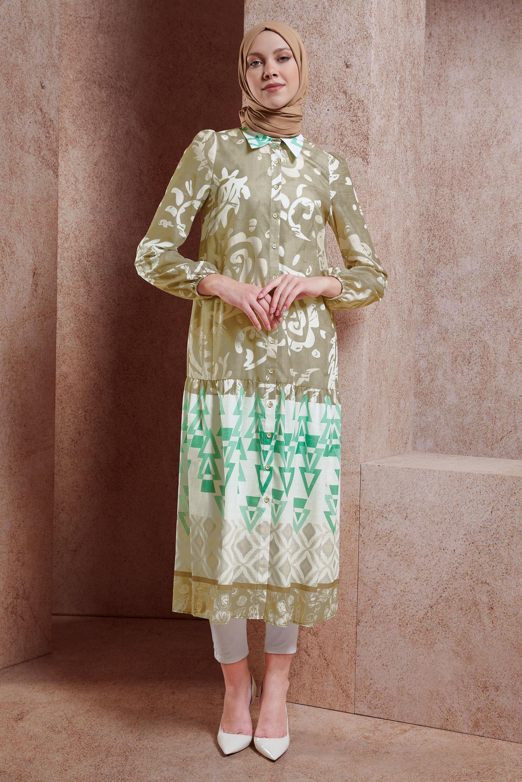 Tesettür giyim KAHVE DESENLİ KETEN DOKULU TUNİK 44771