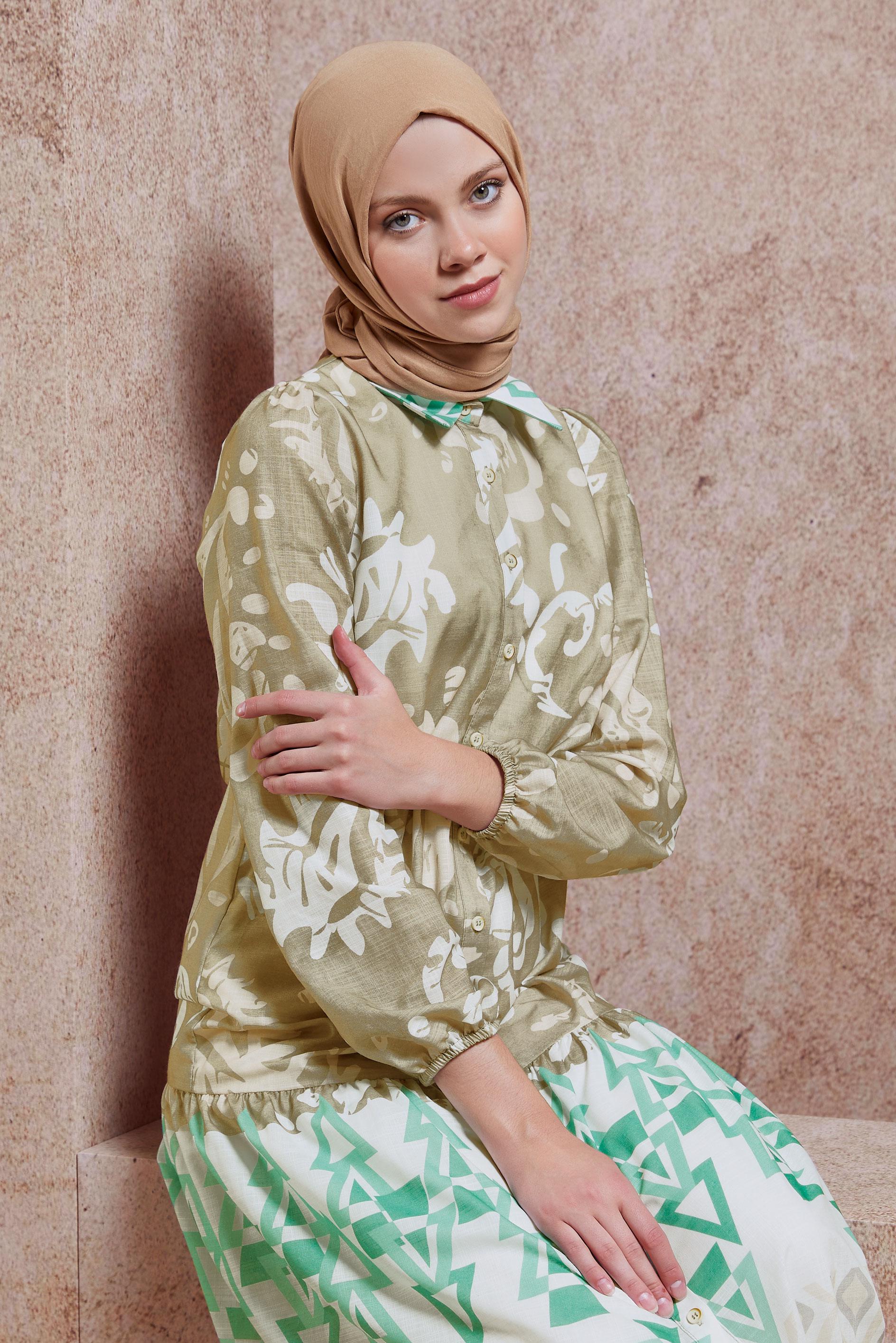 Tesettür giyim KAHVE DESENLİ KETEN DOKULU TUNİK 44771