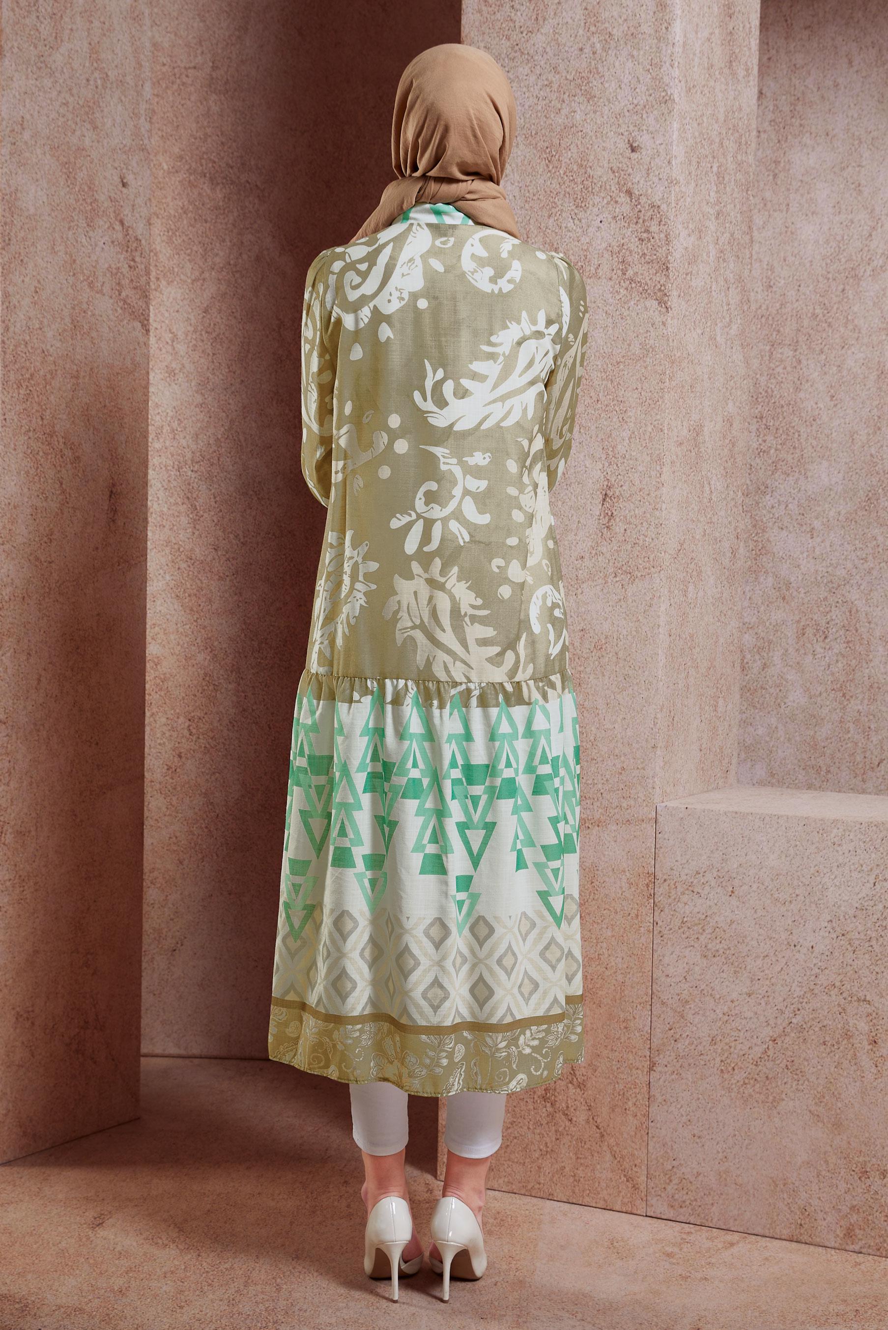 Tesettür giyim KAHVE DESENLİ KETEN DOKULU TUNİK 44771