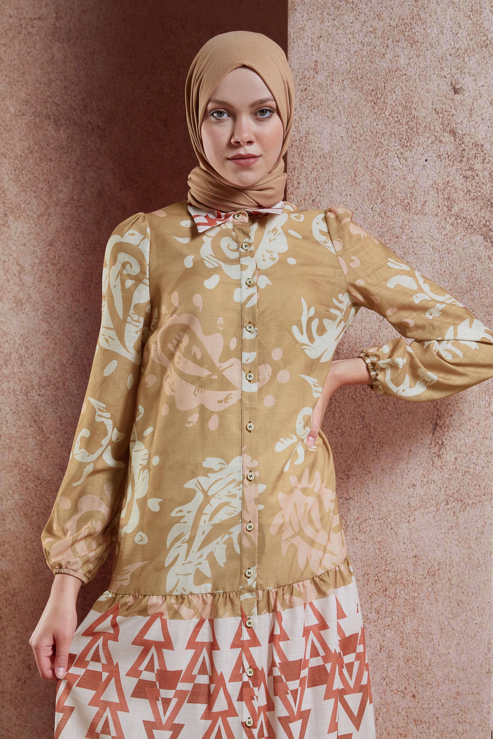 Tesettür giyim TABA DESENLİ KETEN DOKULU TUNİK 44771