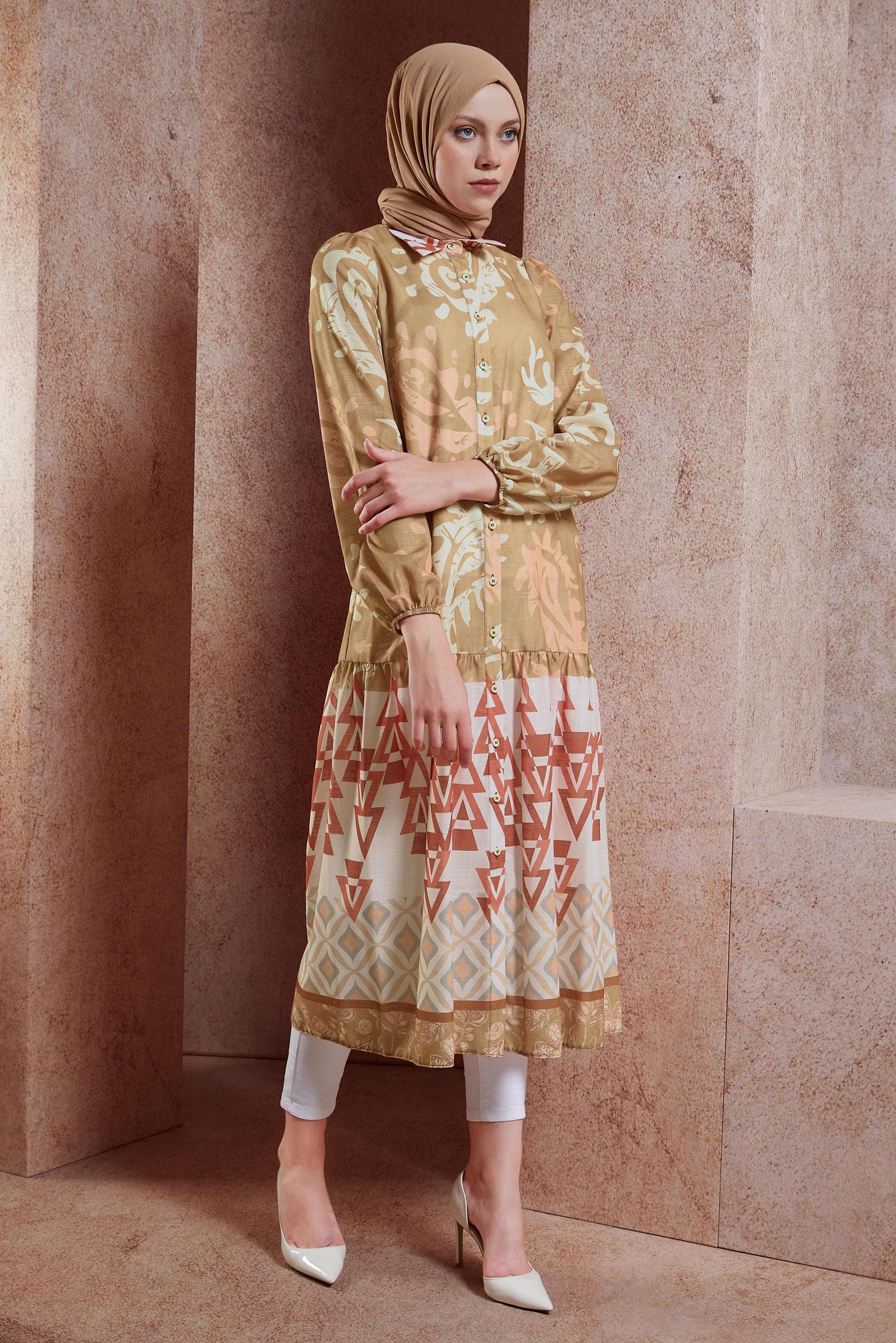 Tesettür giyim TABA DESENLİ KETEN DOKULU TUNİK 44771