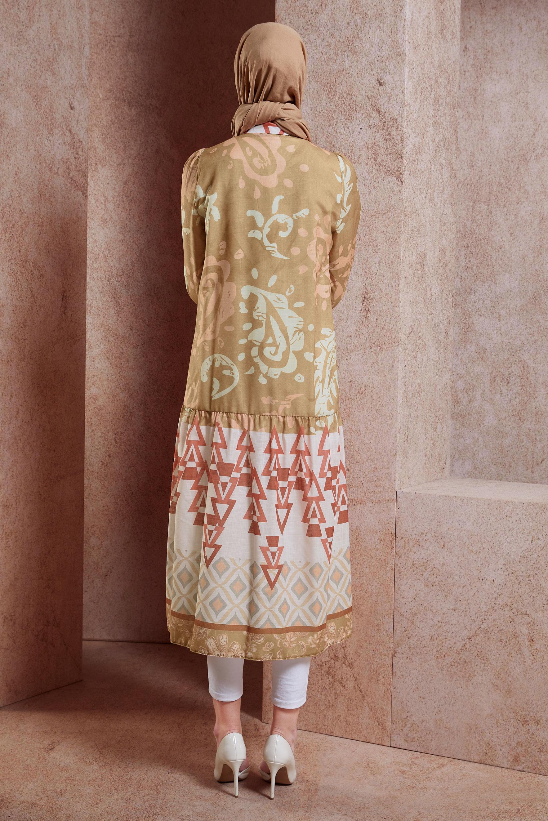 Tesettür giyim TABA DESENLİ KETEN DOKULU TUNİK 44771