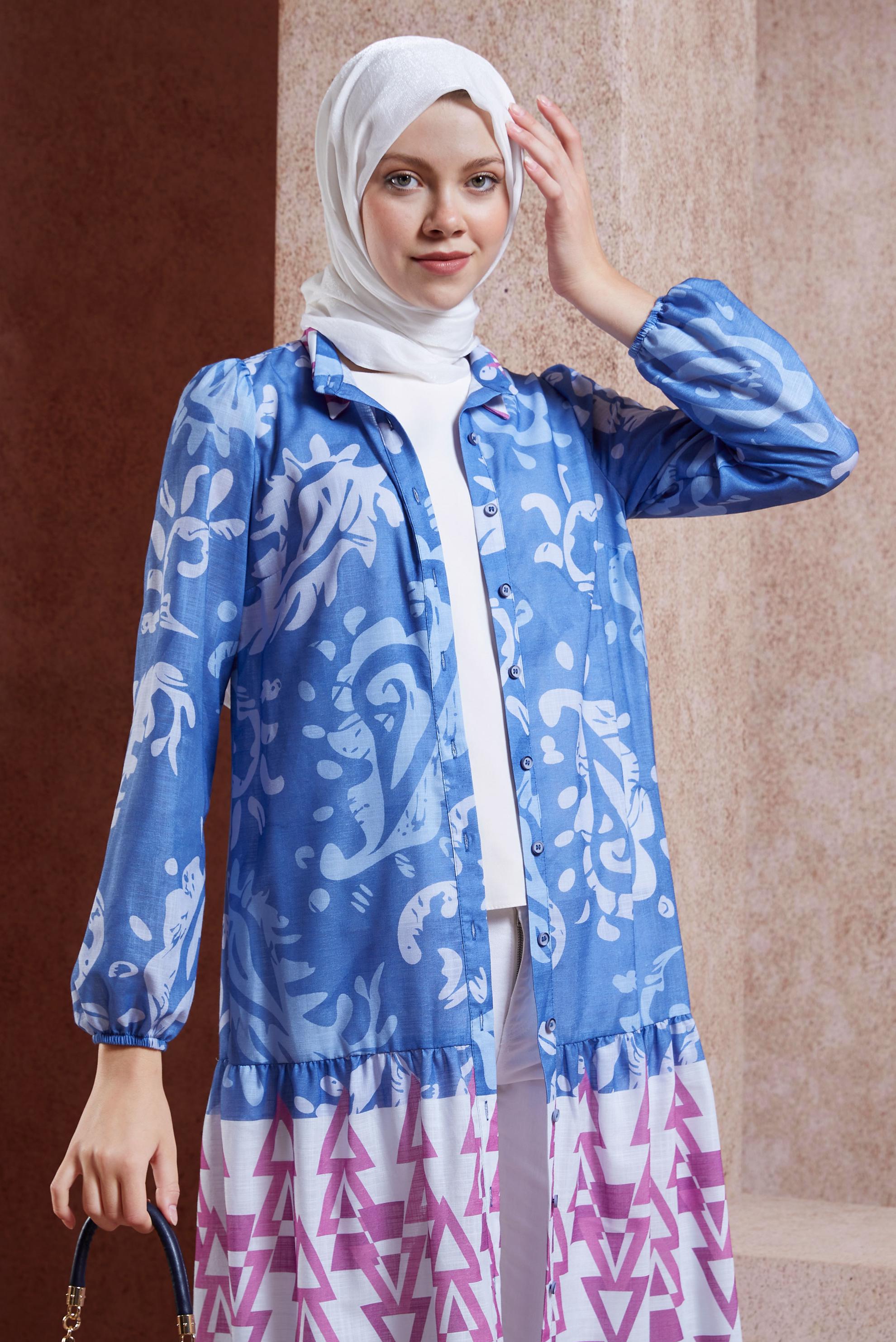 Tesettür giyim LACİVERT DESENLİ KETEN DOKULU TUNİK 44771