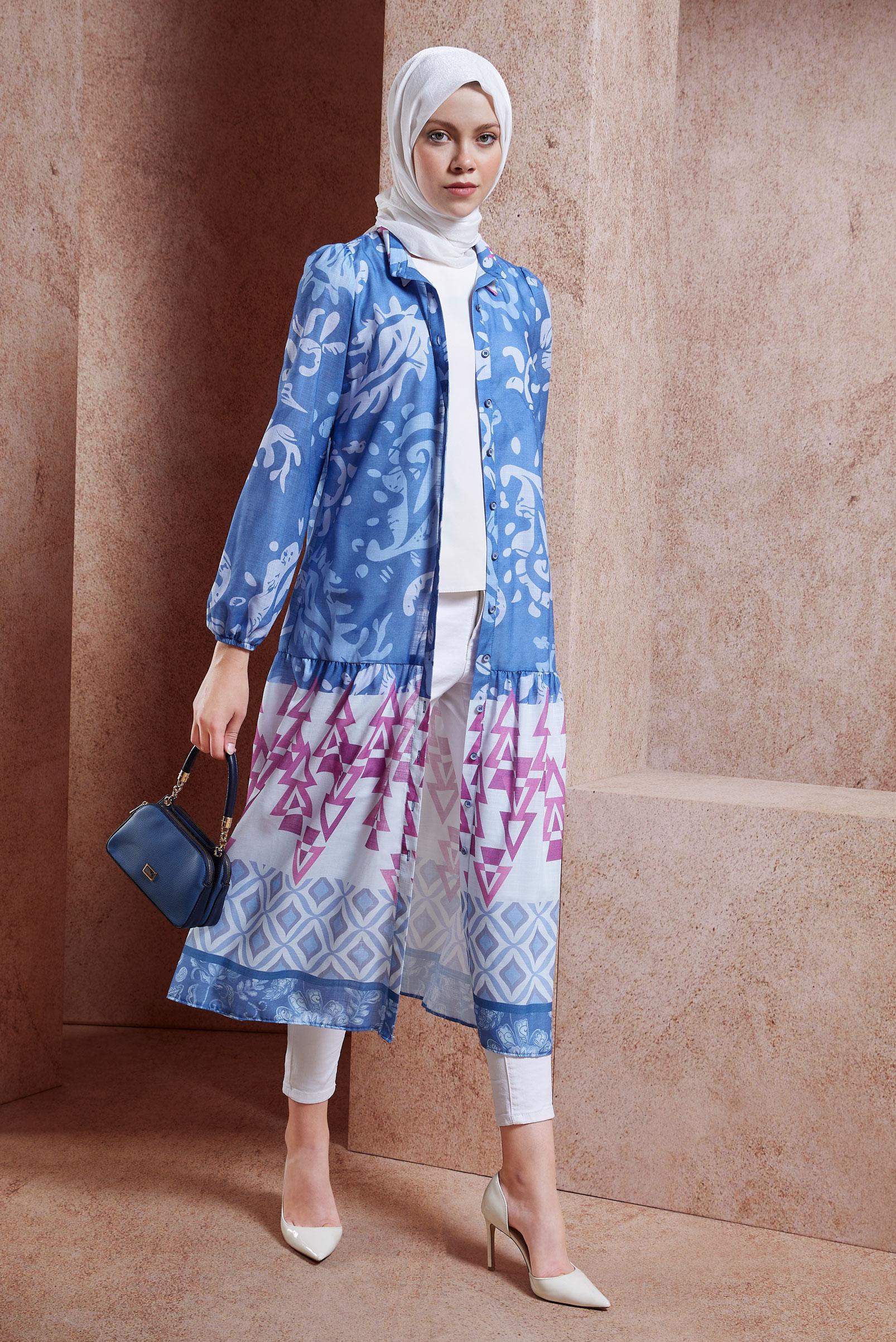 Tesettür giyim LACİVERT DESENLİ KETEN DOKULU TUNİK 44771