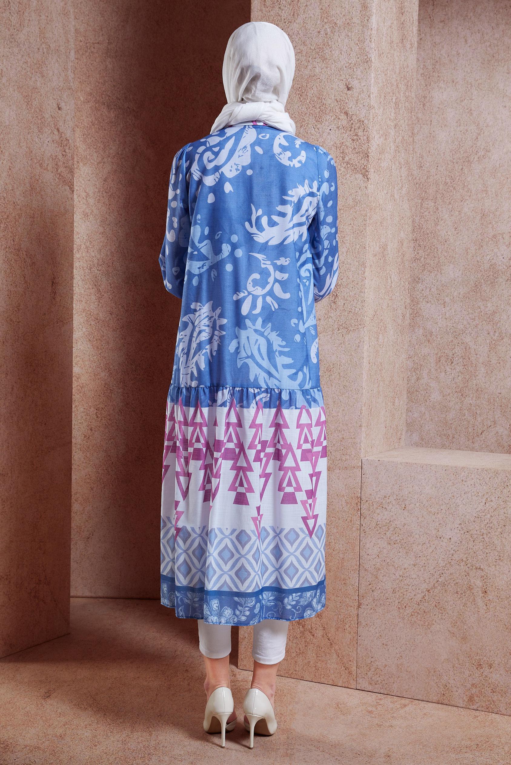 Tesettür giyim LACİVERT DESENLİ KETEN DOKULU TUNİK 44771