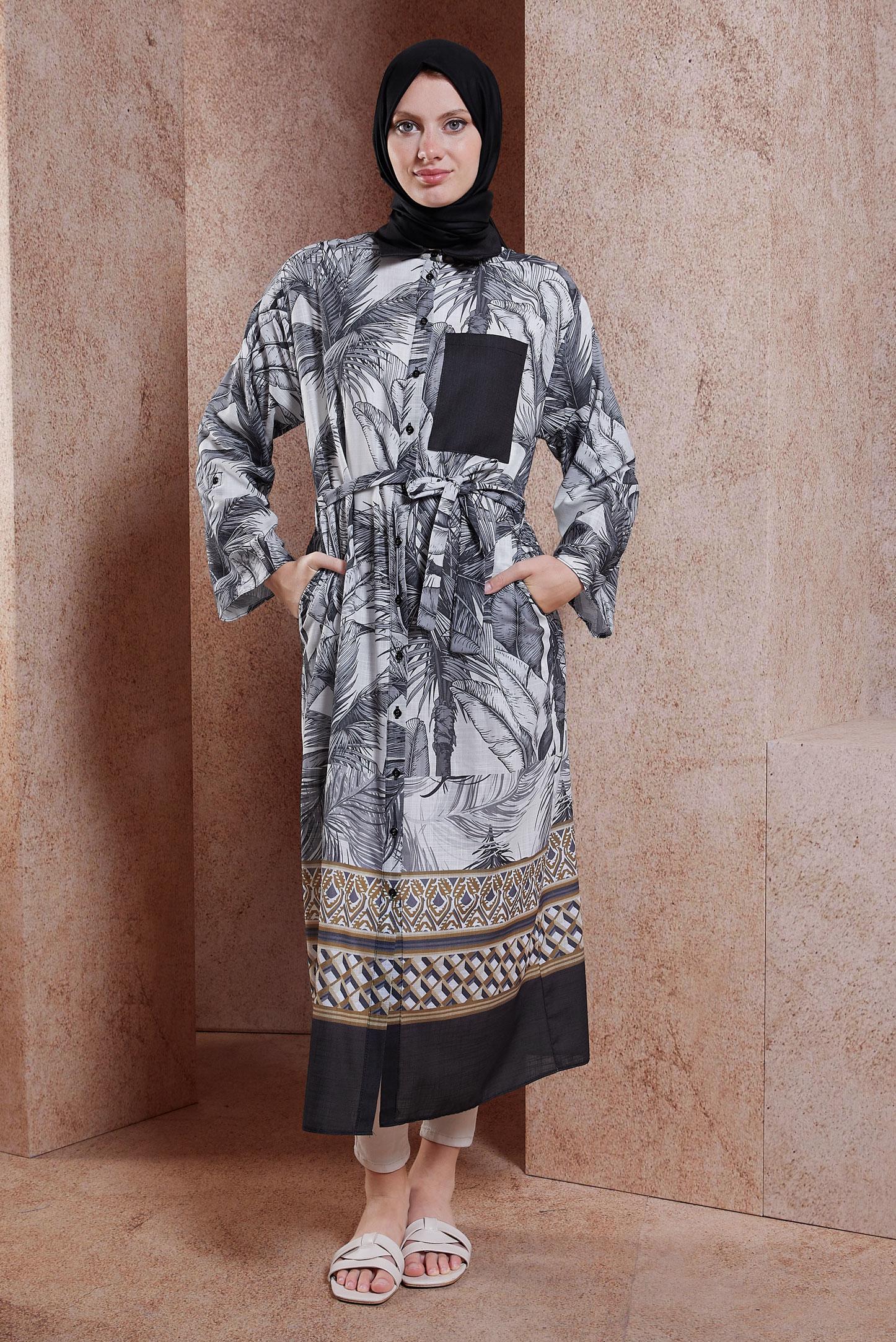 Tesettür giyim SİYAH DESENLİ KETEN EFEKTLİ TUNİK 44772