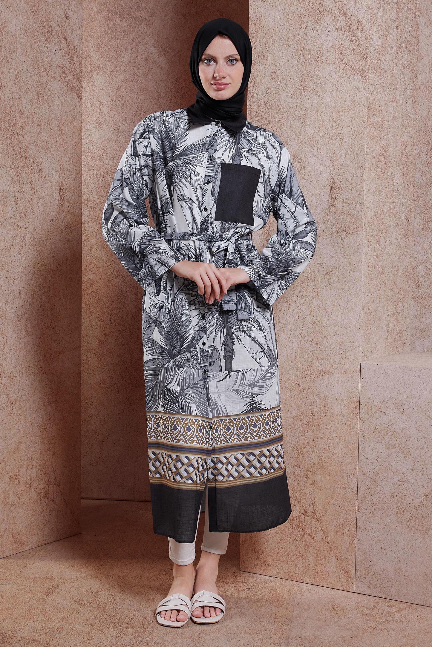 Tesettür giyim SİYAH DESENLİ KETEN EFEKTLİ TUNİK 44772