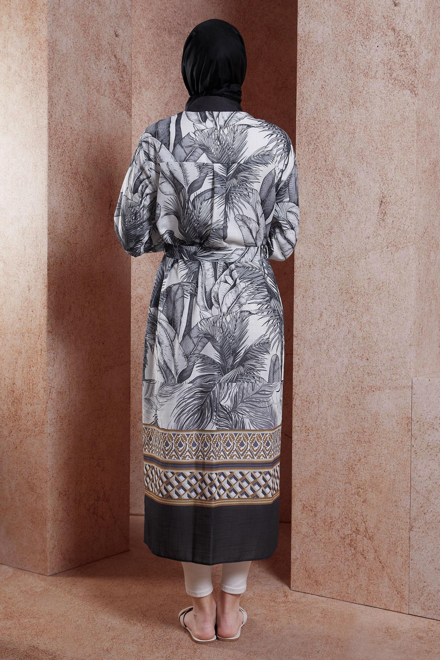 Tesettür giyim SİYAH DESENLİ KETEN EFEKTLİ TUNİK 44772