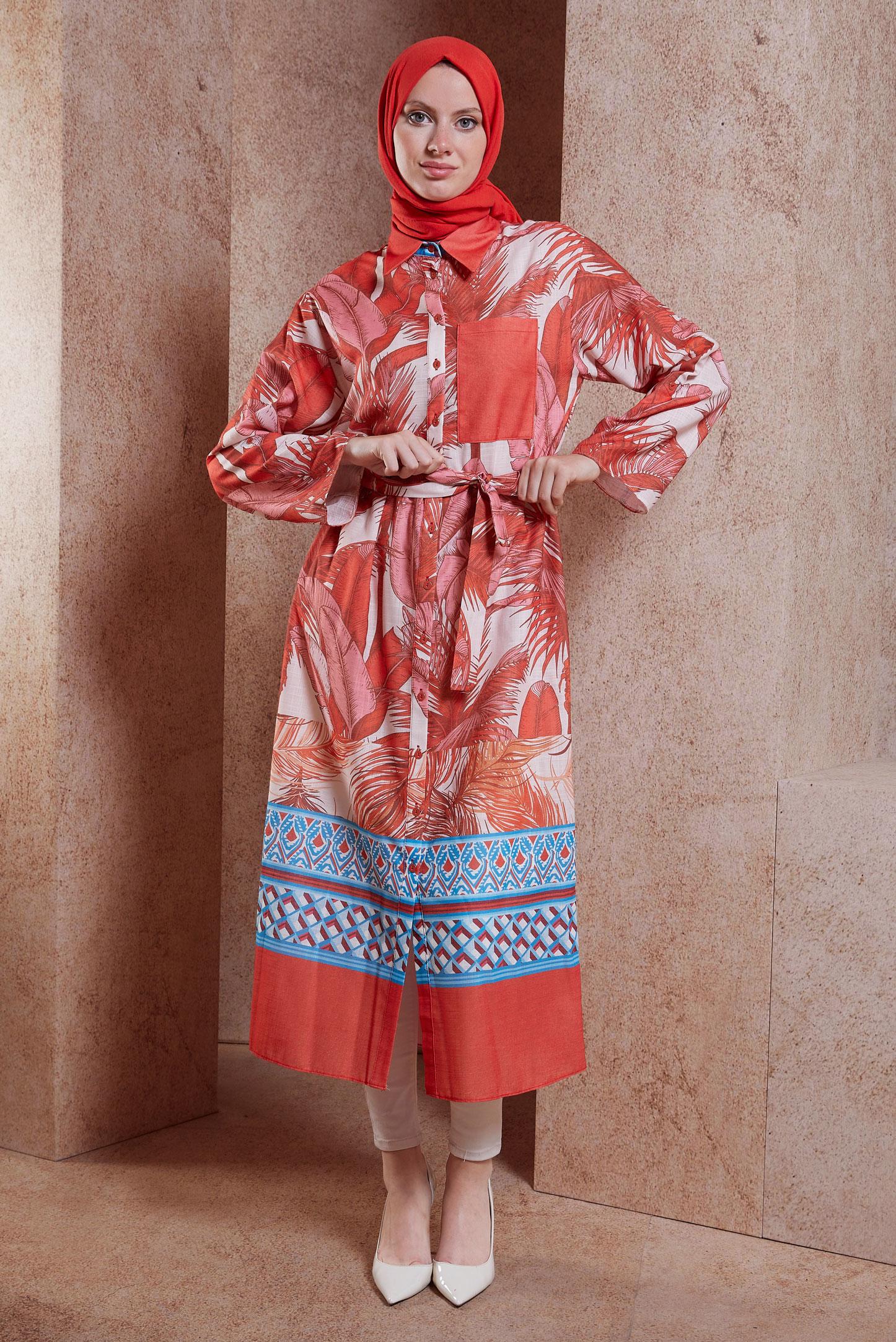 Vêtements hijab ROUGE TUNIQUE EFFET LIN À MOTIFS 44772