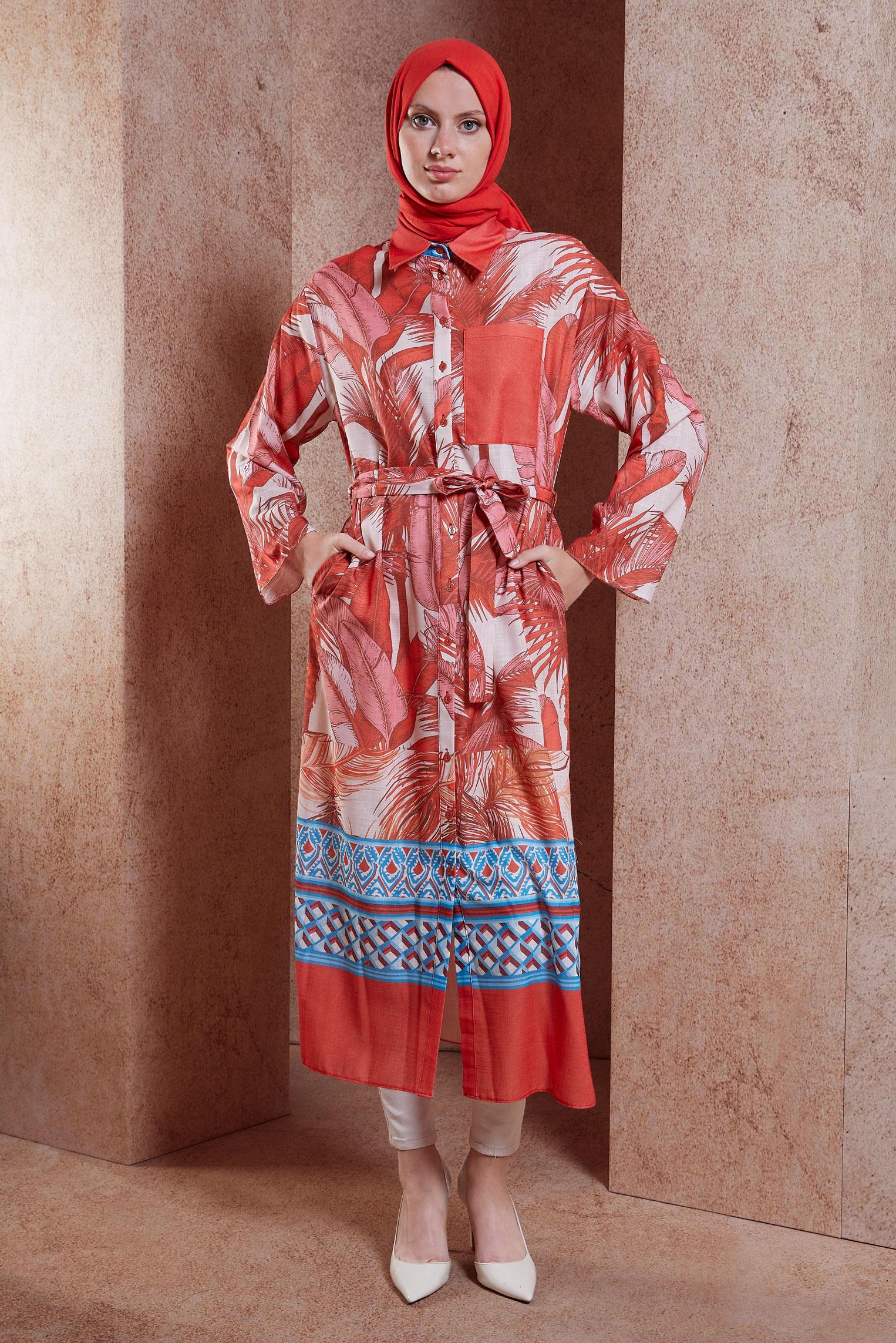 Vêtements hijab ROUGE TUNIQUE EFFET LIN À MOTIFS 44772