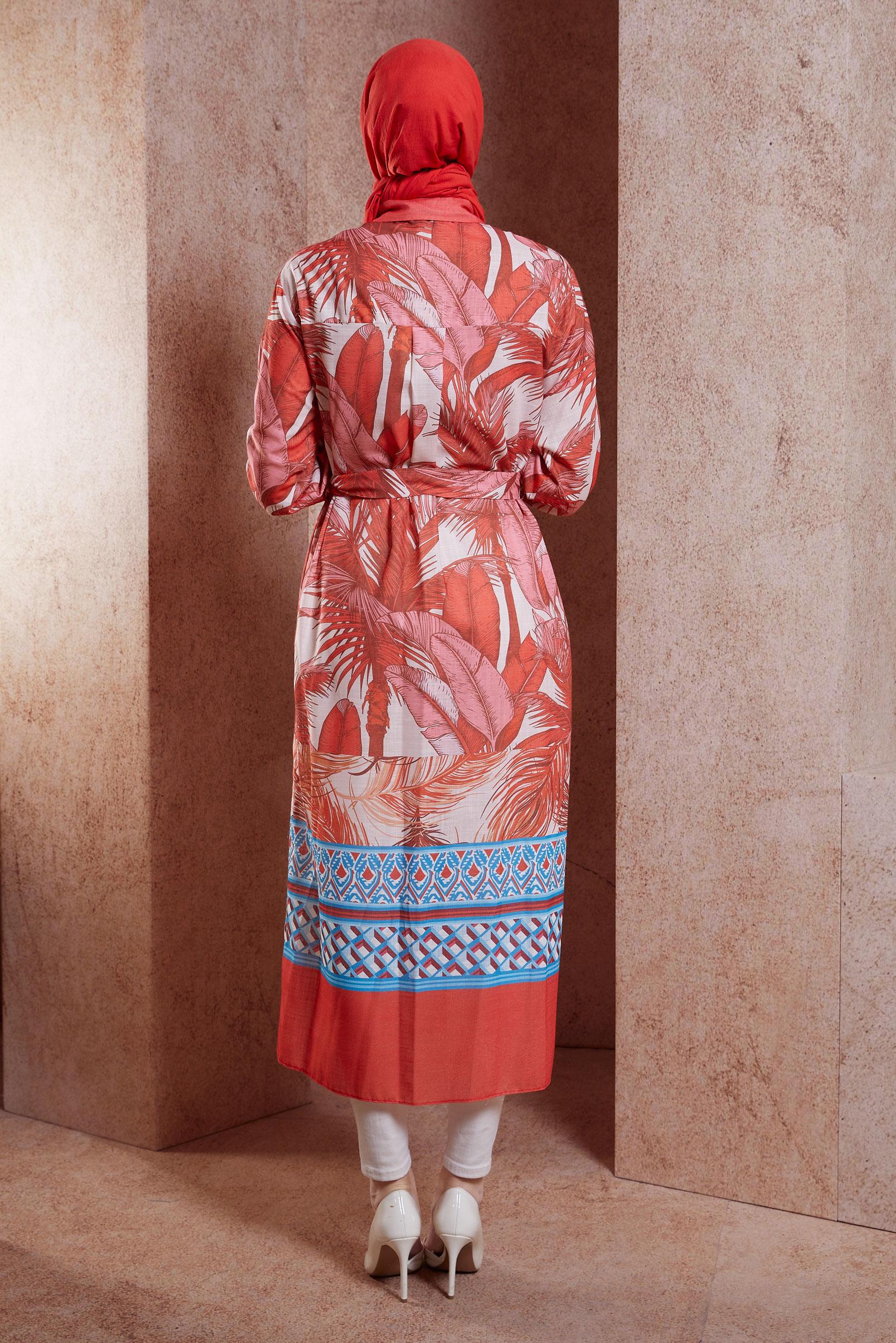 Vêtements hijab ROUGE TUNIQUE EFFET LIN À MOTIFS 44772