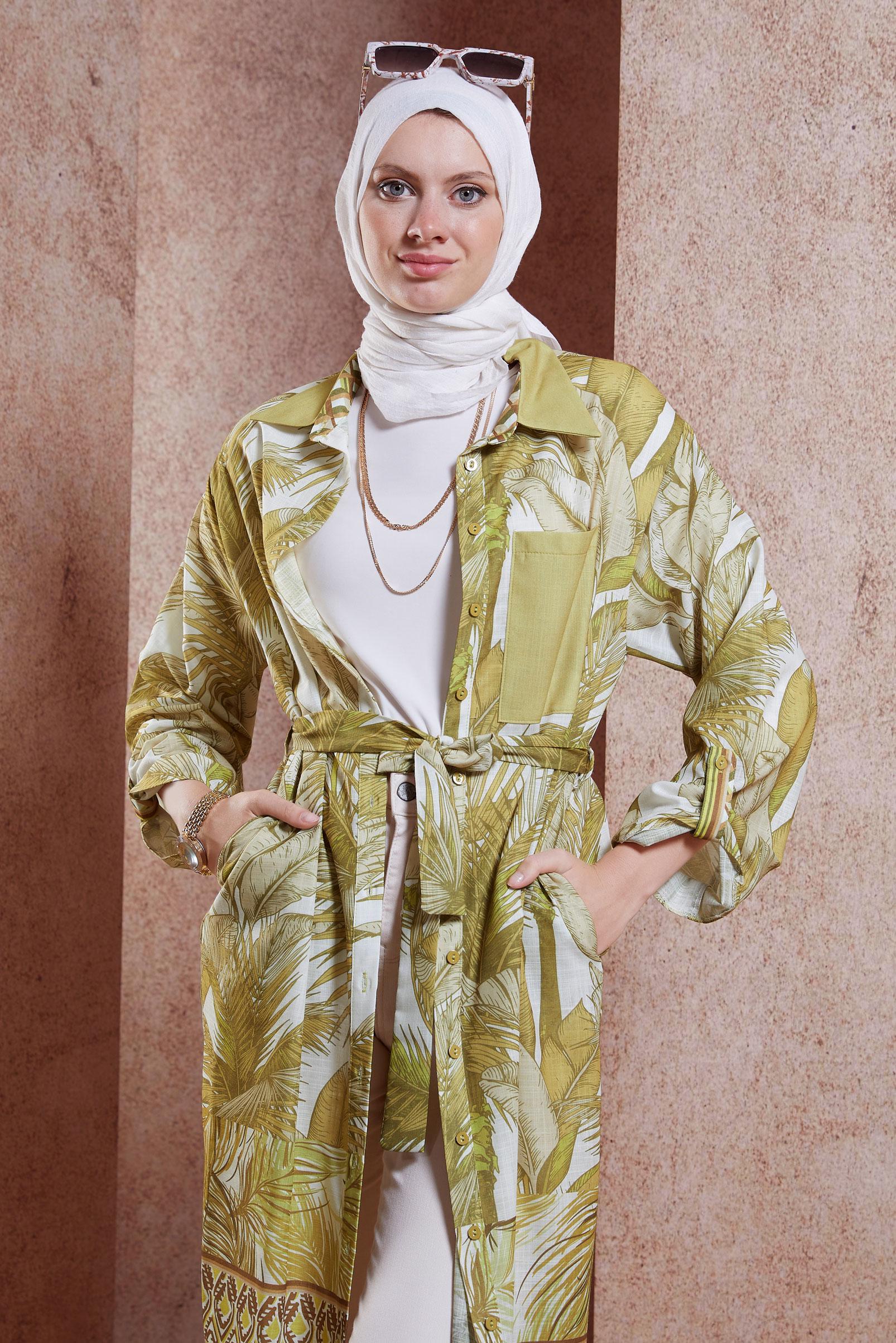 Vêtements hijab VERT TUNIQUE EFFET LIN À MOTIFS 44772