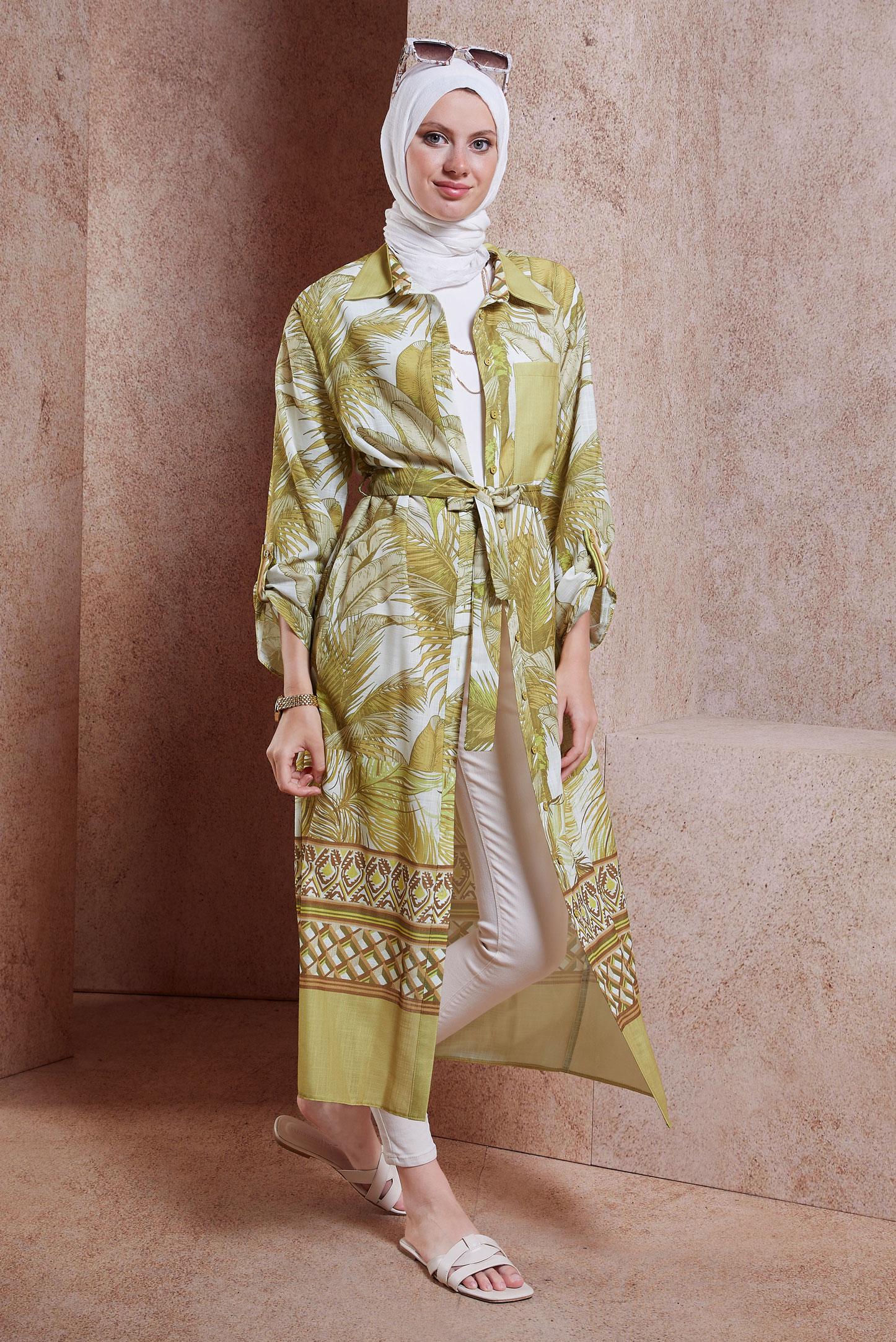 Vêtements hijab VERT TUNIQUE EFFET LIN À MOTIFS 44772