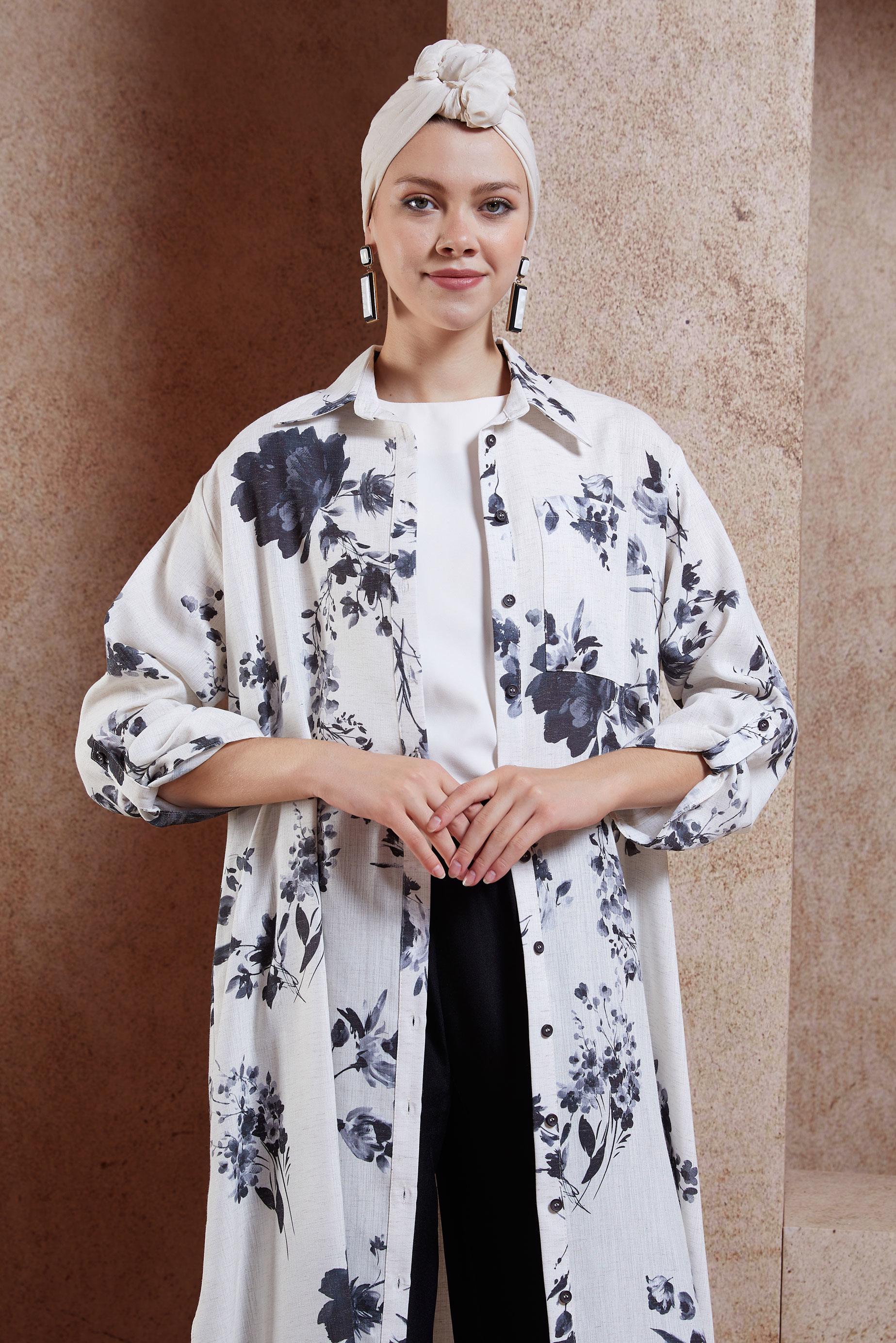 Tesettür giyim SİYAH DESENLİ PANTOLONLU KETEN TAKIM 44773