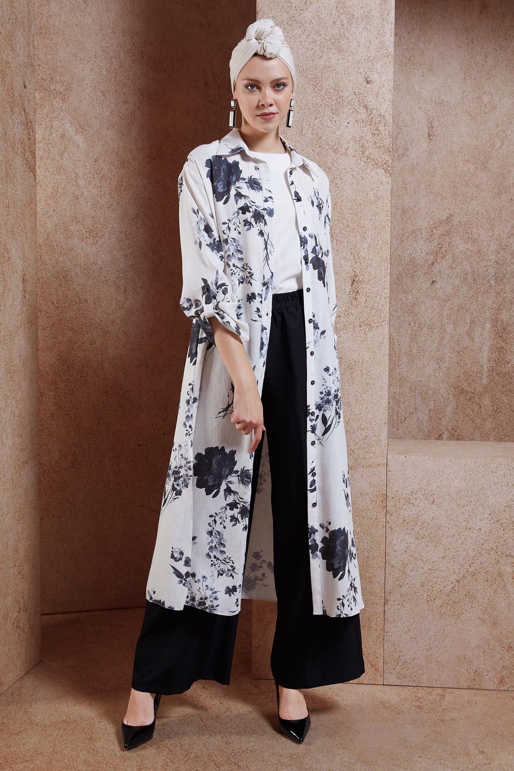 Tesettür giyim SİYAH DESENLİ PANTOLONLU KETEN TAKIM 44773