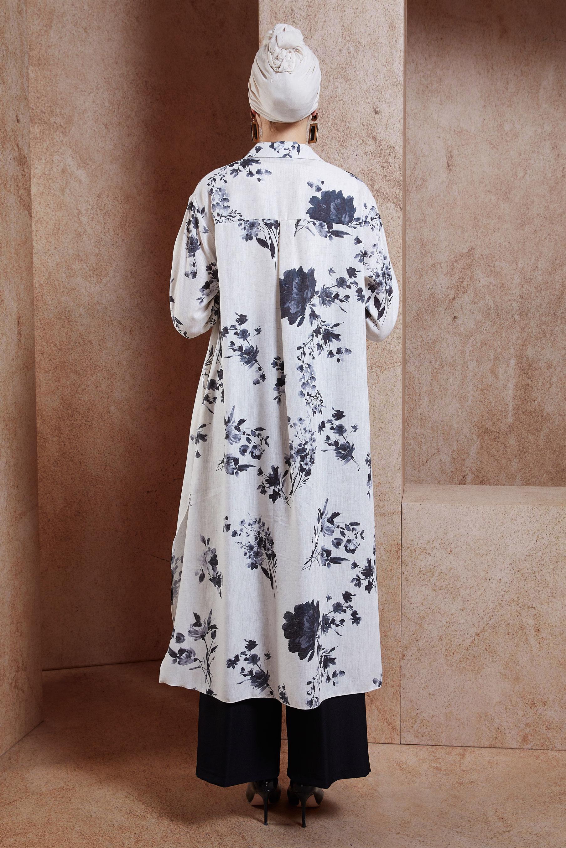 Tesettür giyim SİYAH DESENLİ PANTOLONLU KETEN TAKIM 44773