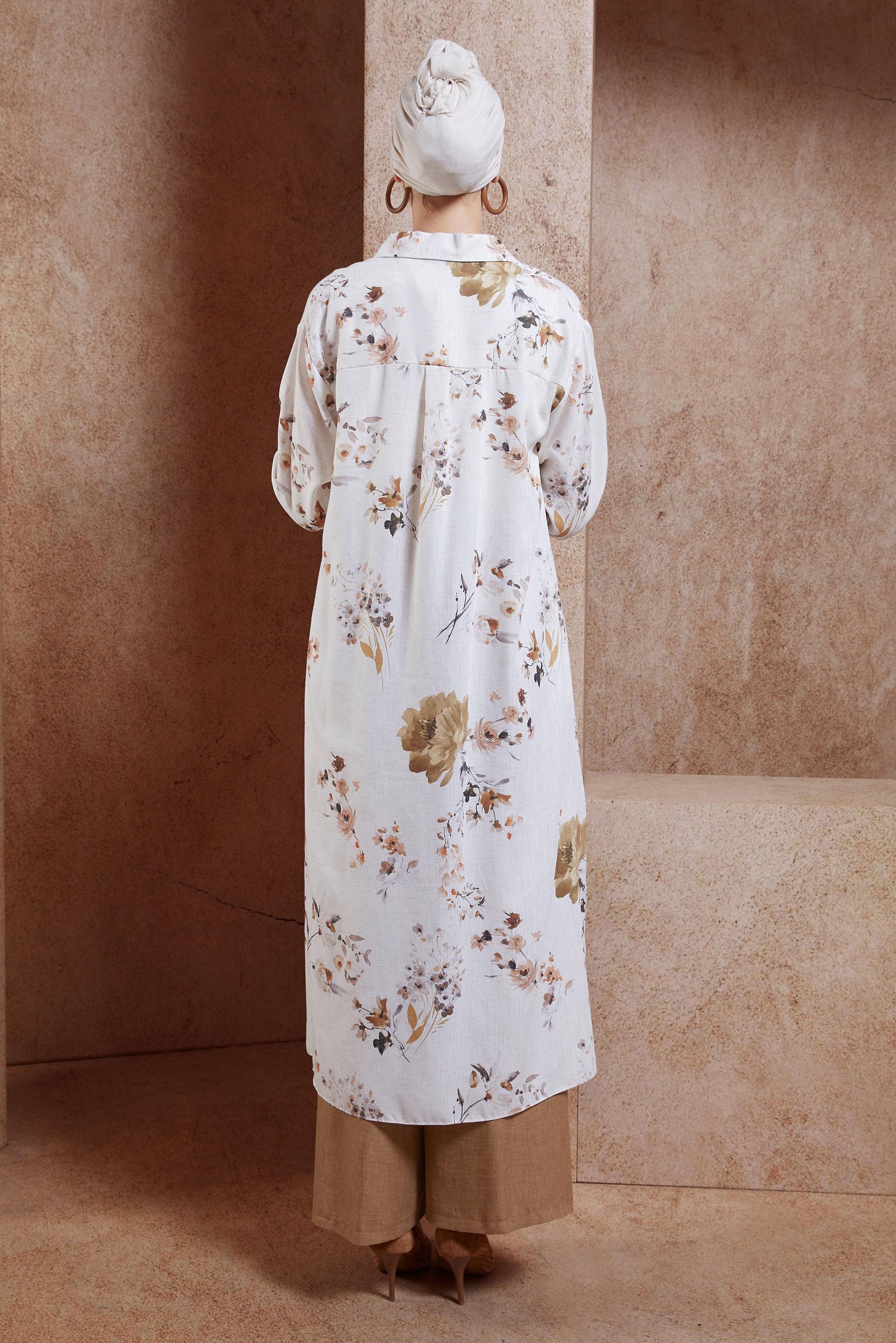 Tesettür giyim SARI DESENLİ PANTOLONLU KETEN TAKIM 44773