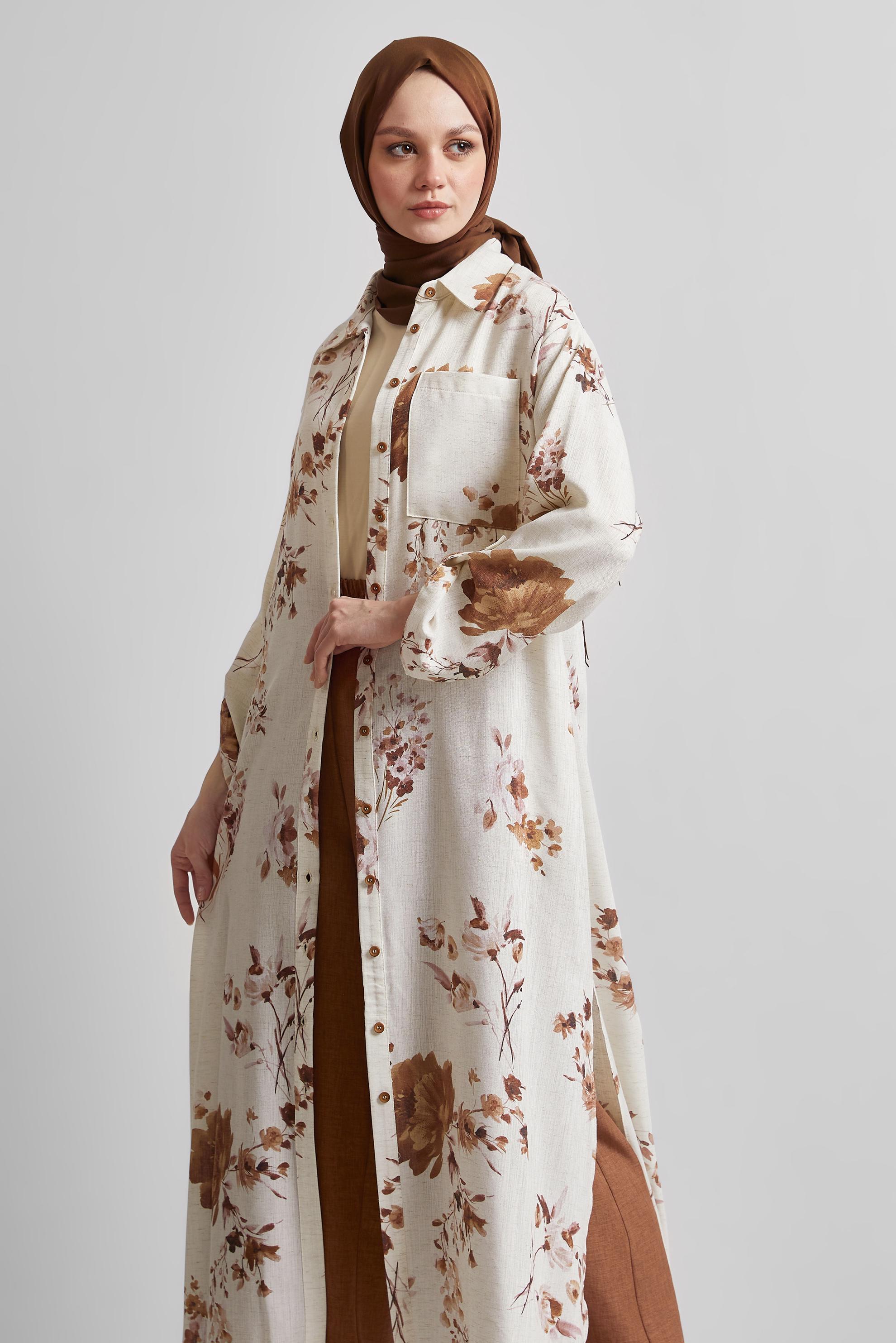 Tesettür giyim TURUNCU DESENLİ PANTOLONLU KETEN TAKIM 44773