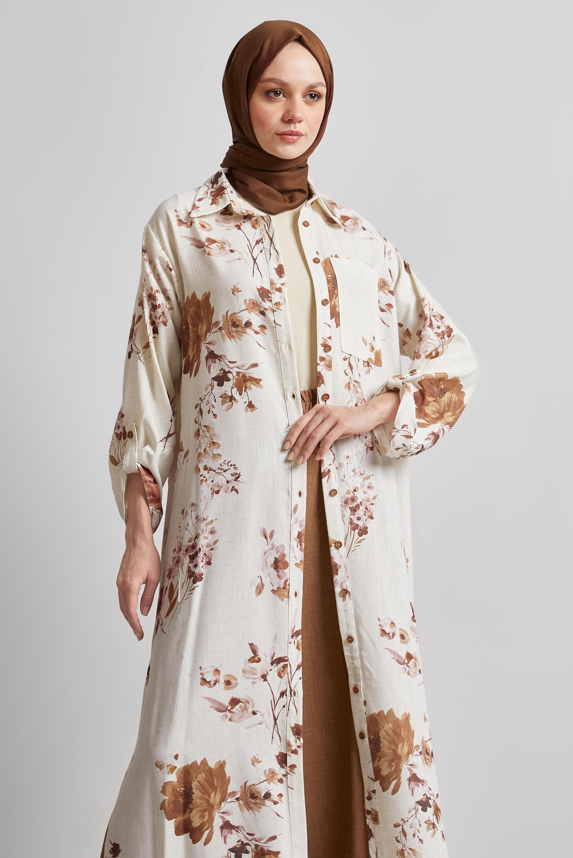 Tesettür giyim TURUNCU DESENLİ PANTOLONLU KETEN TAKIM 44773