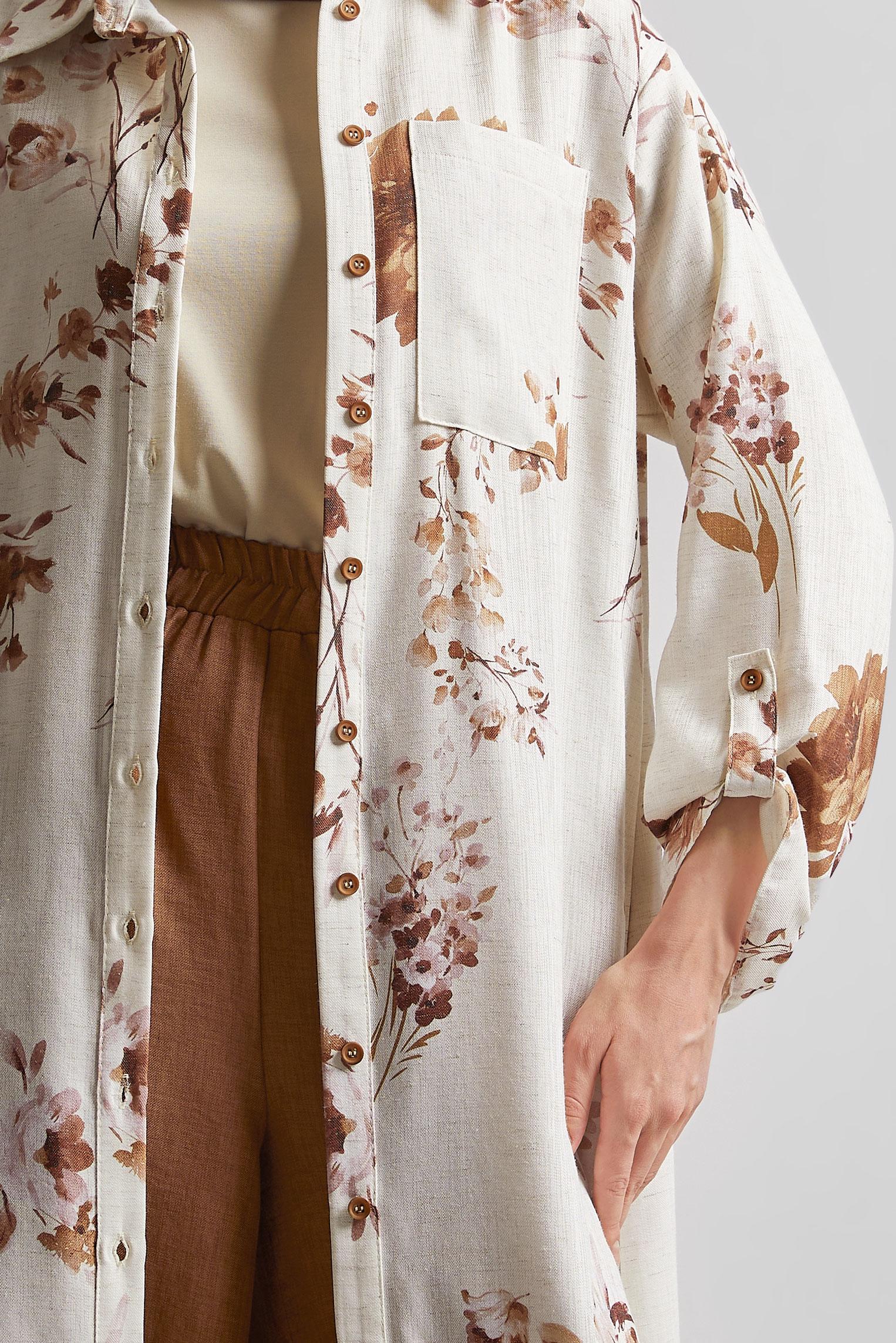 Tesettür giyim TURUNCU DESENLİ PANTOLONLU KETEN TAKIM 44773