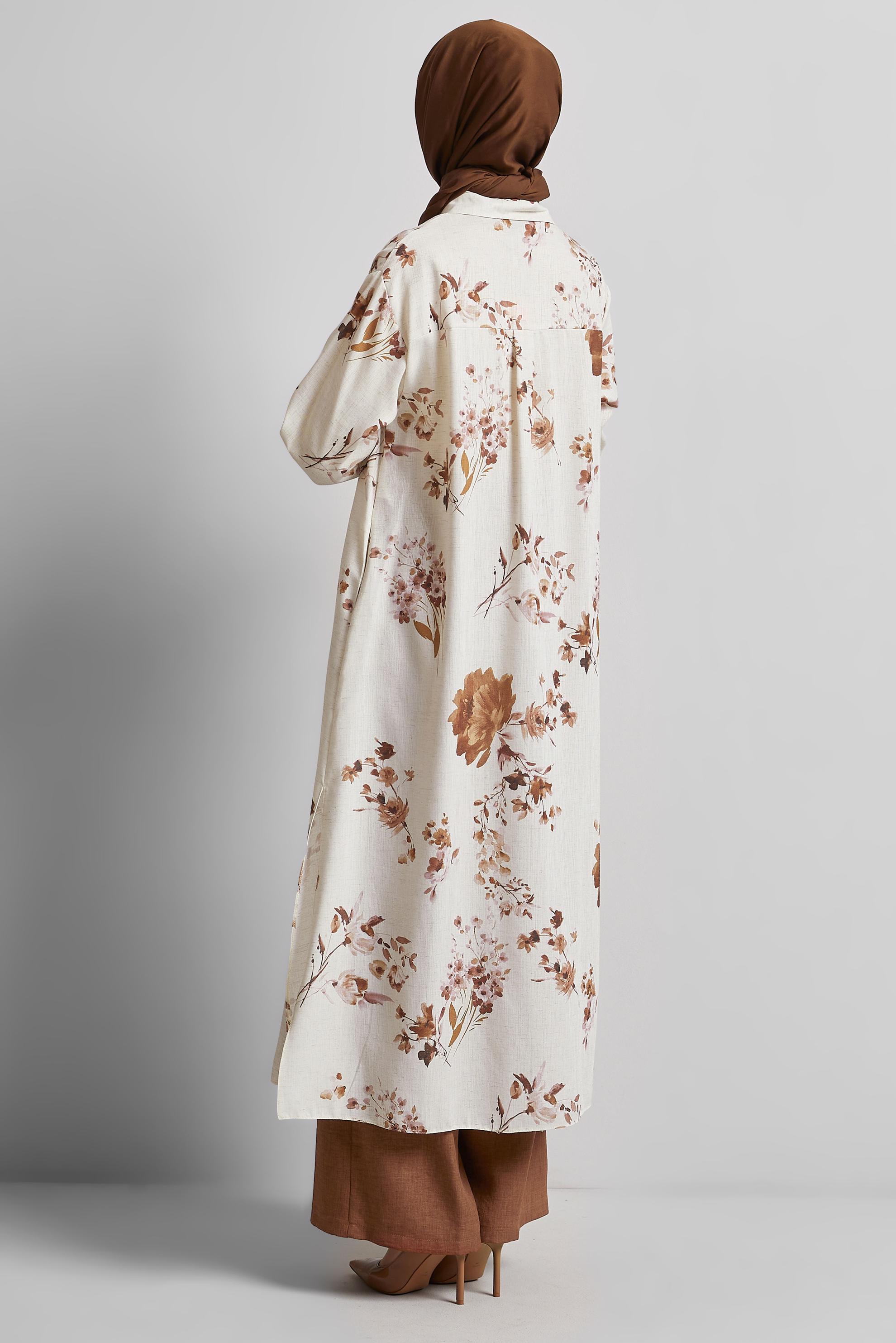 Tesettür giyim TURUNCU DESENLİ PANTOLONLU KETEN TAKIM 44773