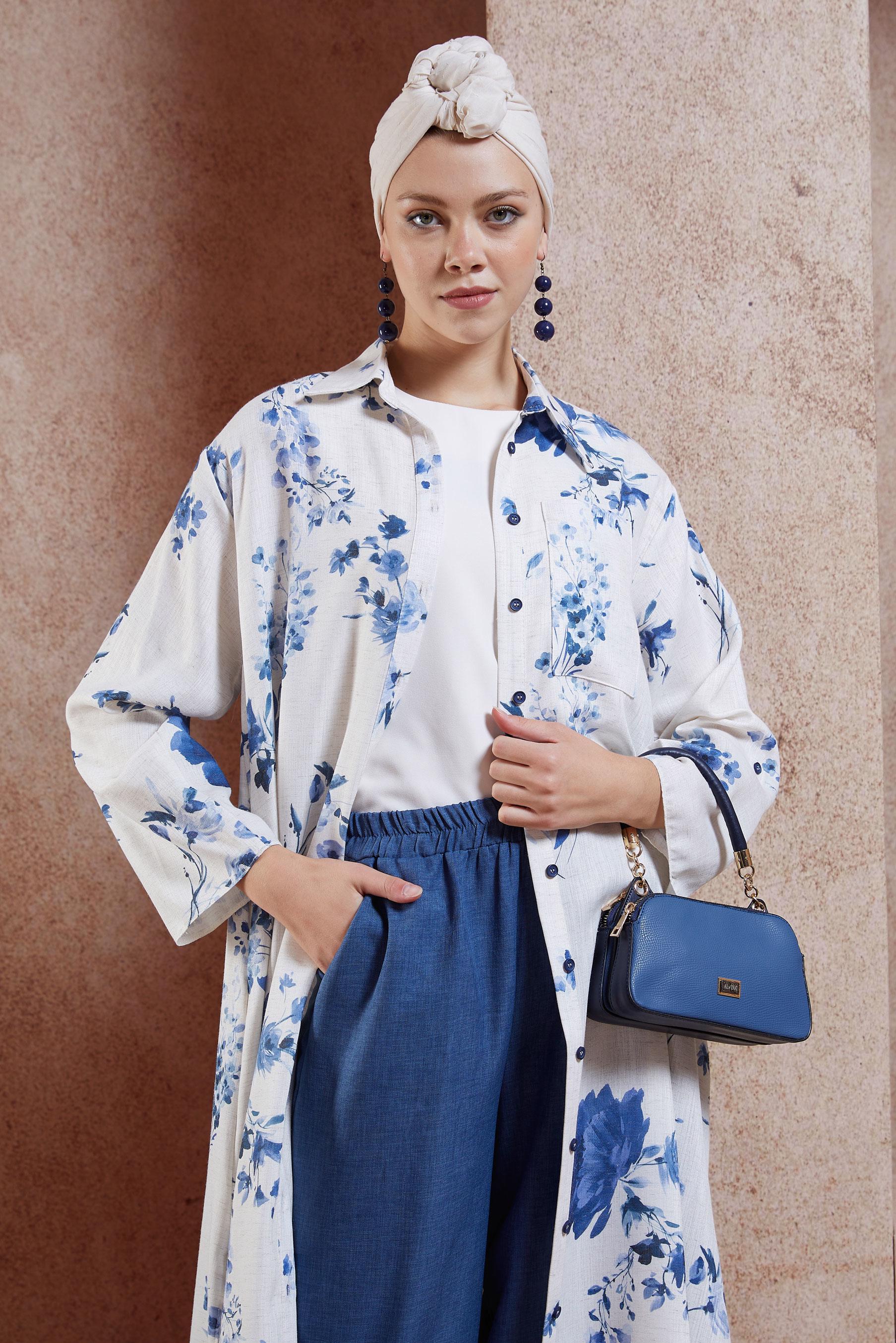 Tesettür giyim LACİVERT DESENLİ PANTOLONLU KETEN TAKIM 44773