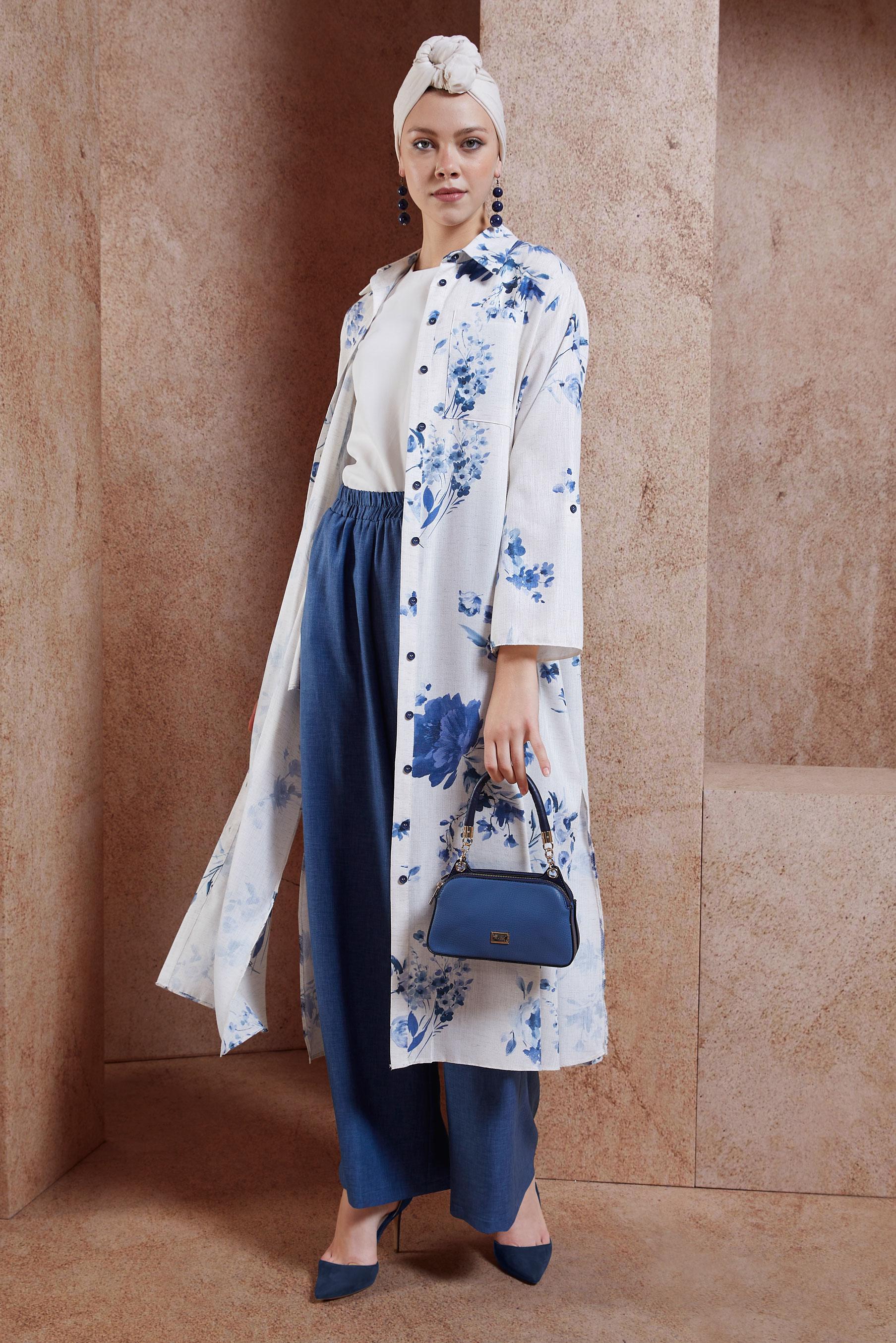 Tesettür giyim LACİVERT DESENLİ PANTOLONLU KETEN TAKIM 44773