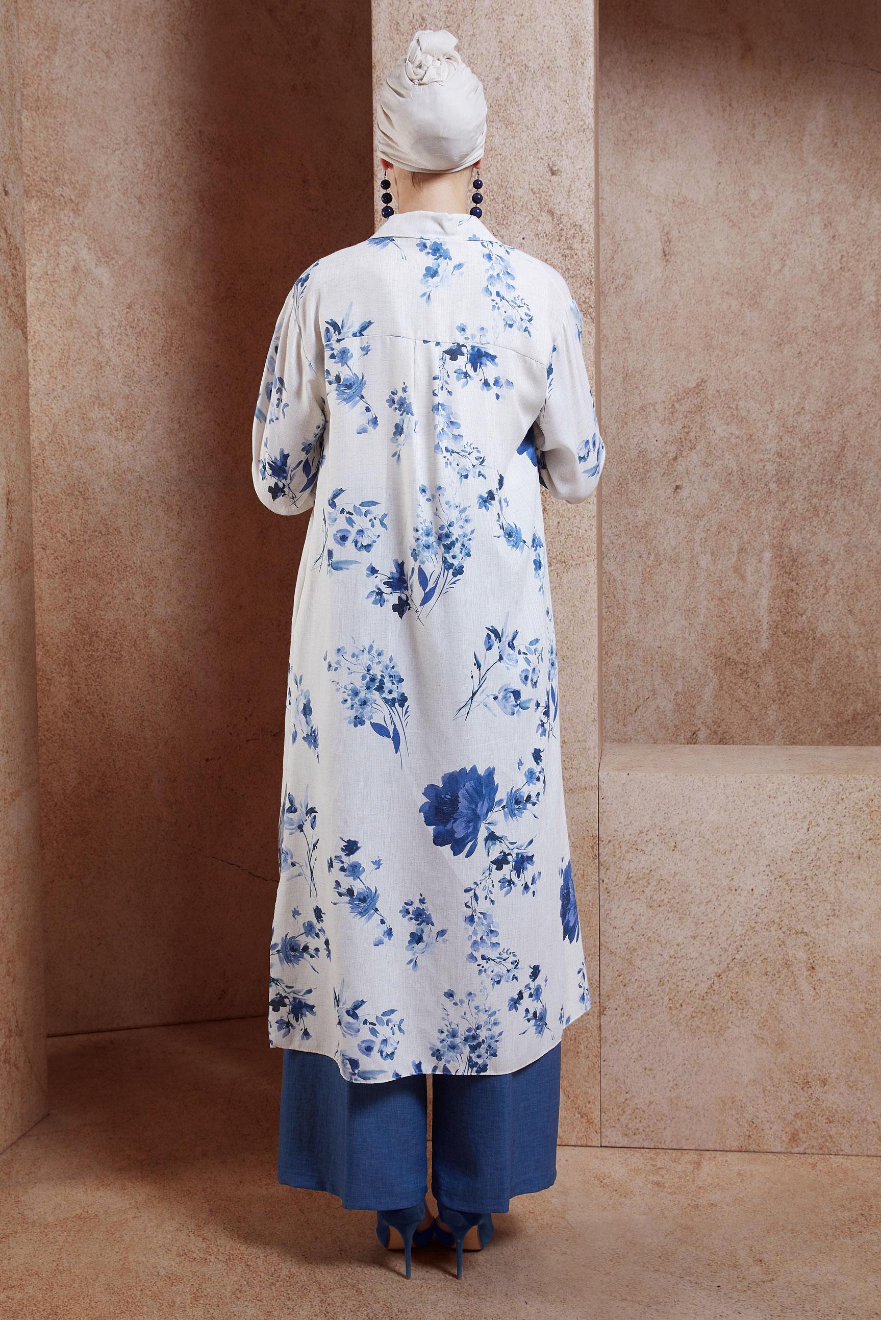 Tesettür giyim LACİVERT DESENLİ PANTOLONLU KETEN TAKIM 44773