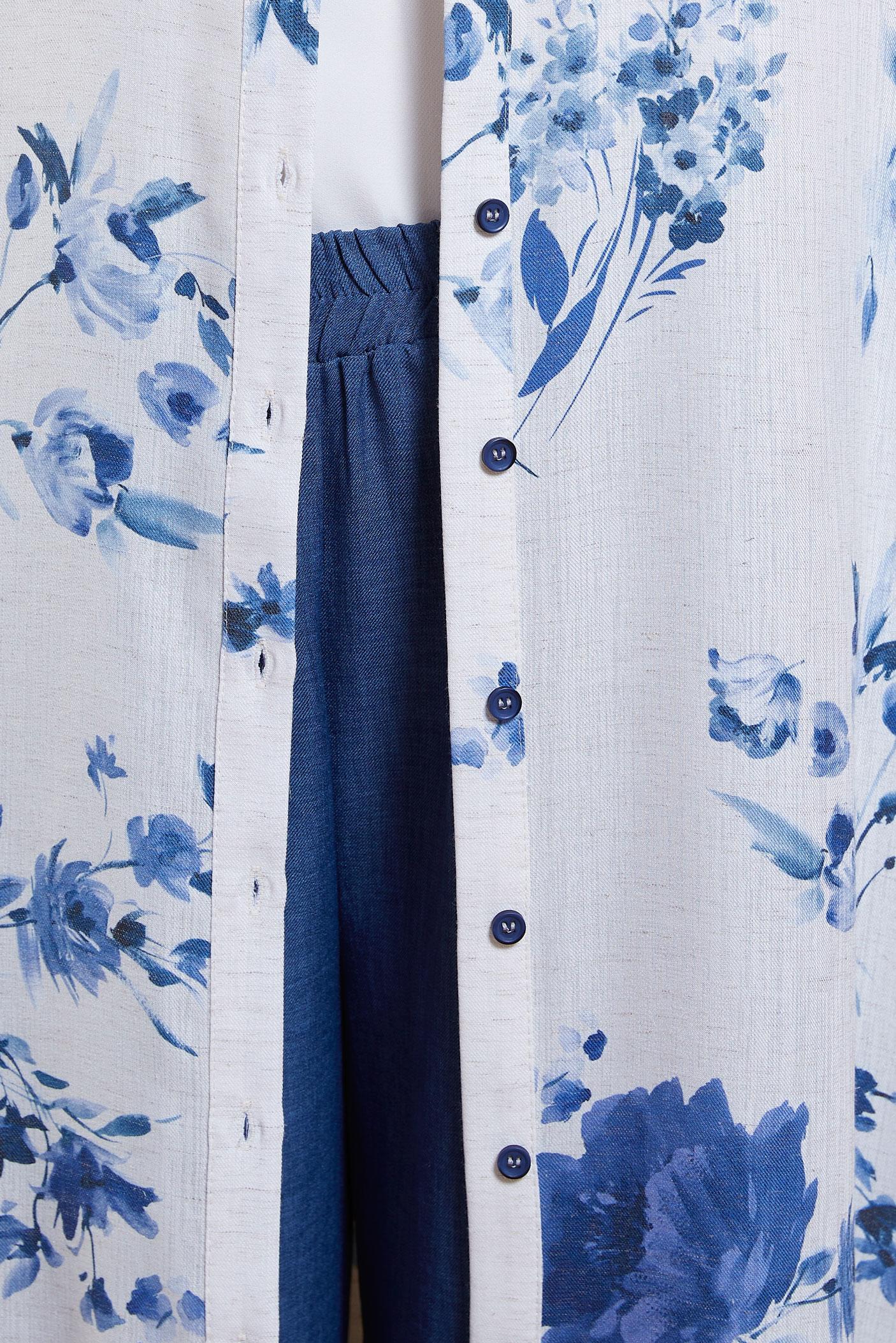 Tesettür giyim LACİVERT DESENLİ PANTOLONLU KETEN TAKIM 44773