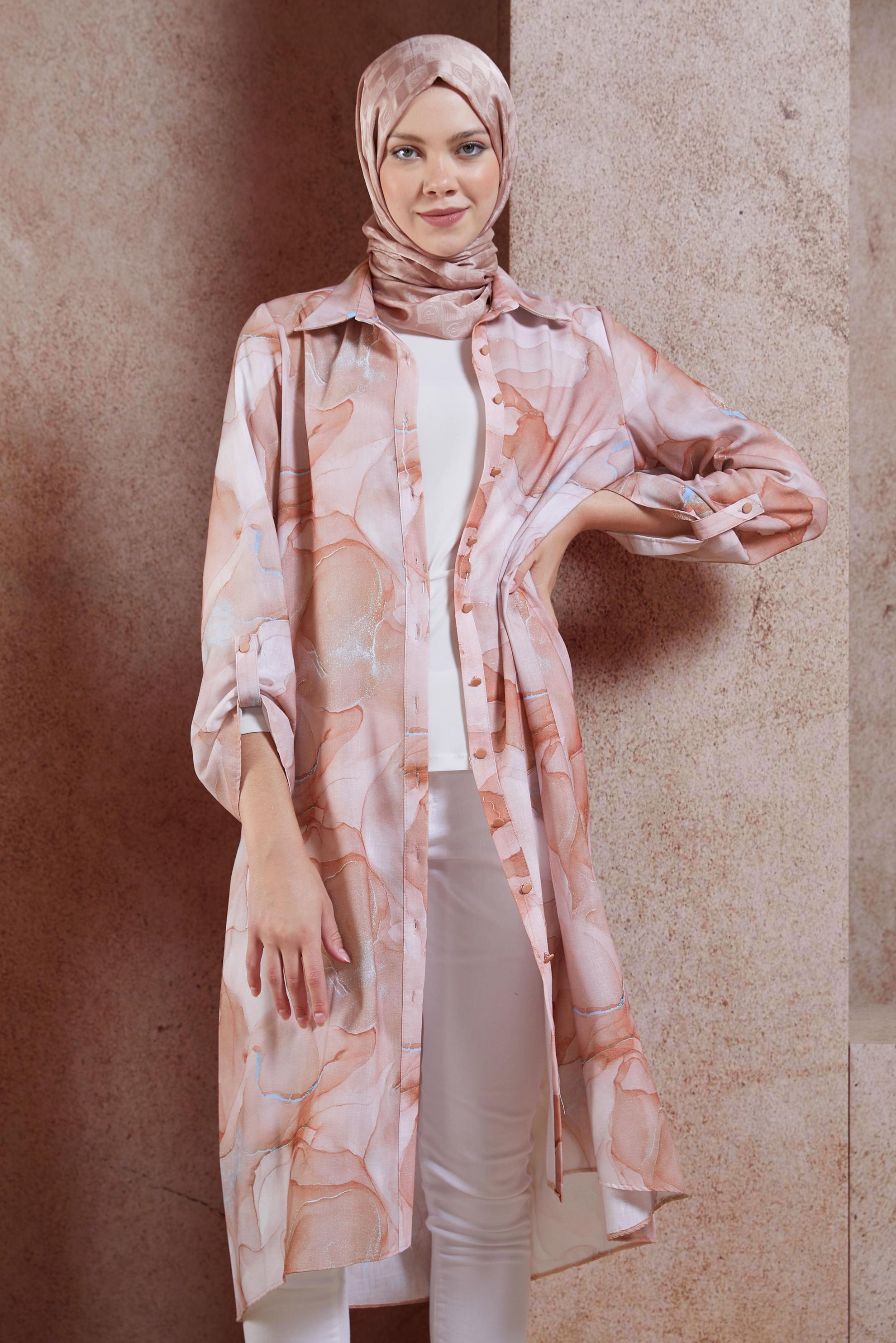 Tesettür giyim TURUNCU DESENLİ TESETTÜR TUNİK 44779