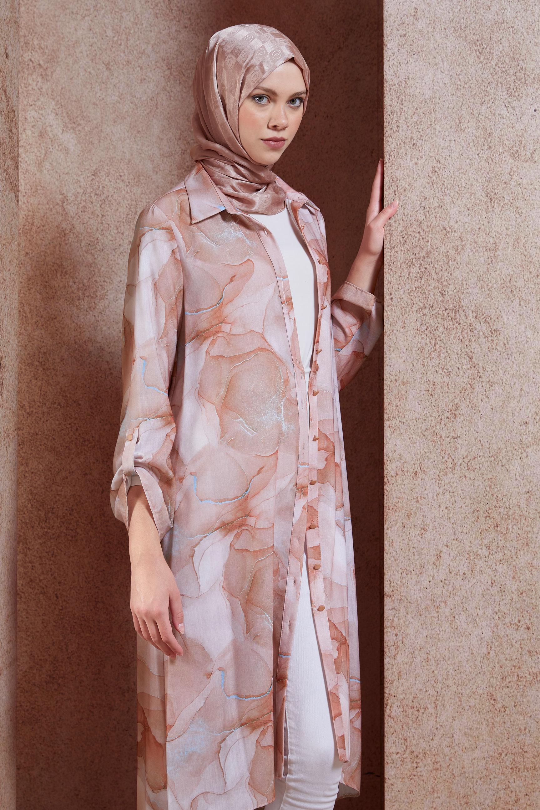 Tesettür giyim TURUNCU DESENLİ TESETTÜR TUNİK 44779