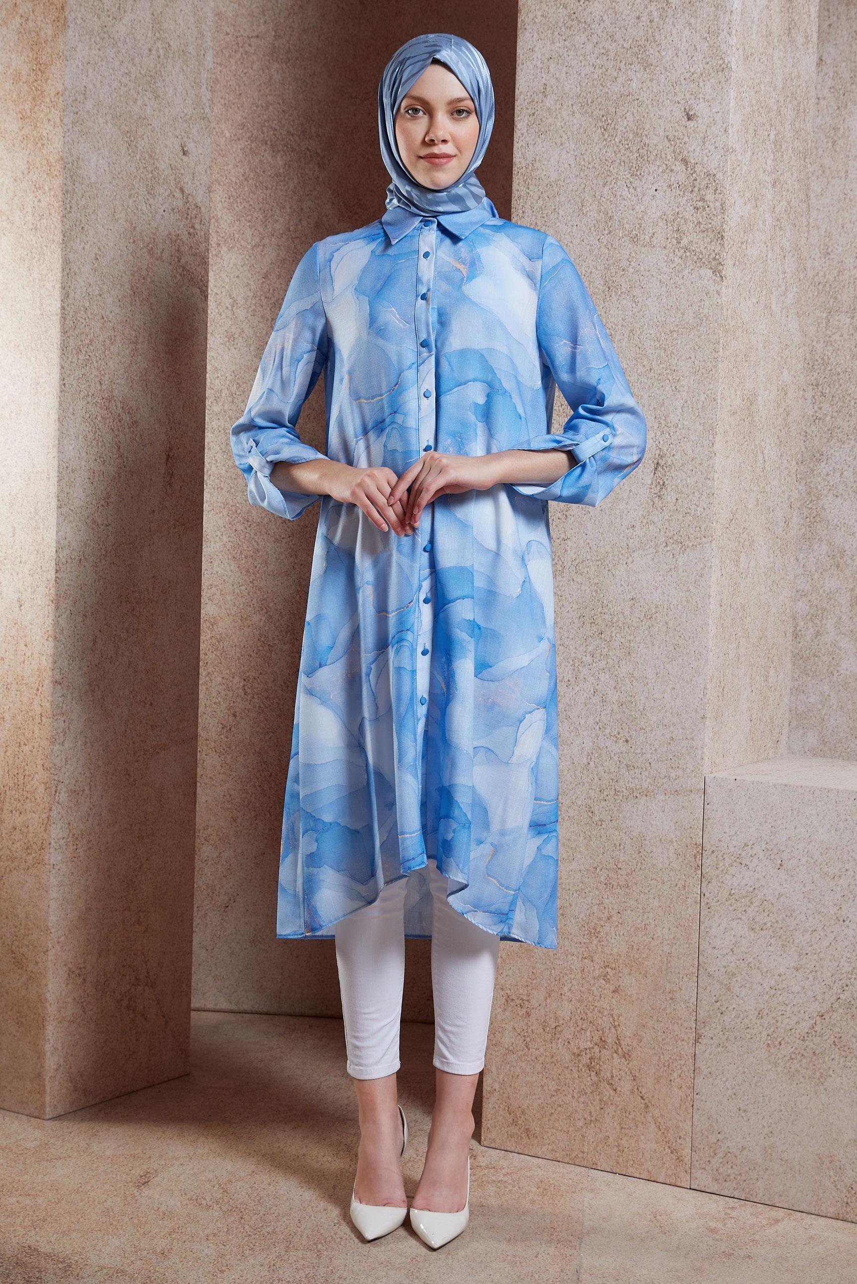 Tesettür giyim LACİVERT DESENLİ TESETTÜR TUNİK 44779