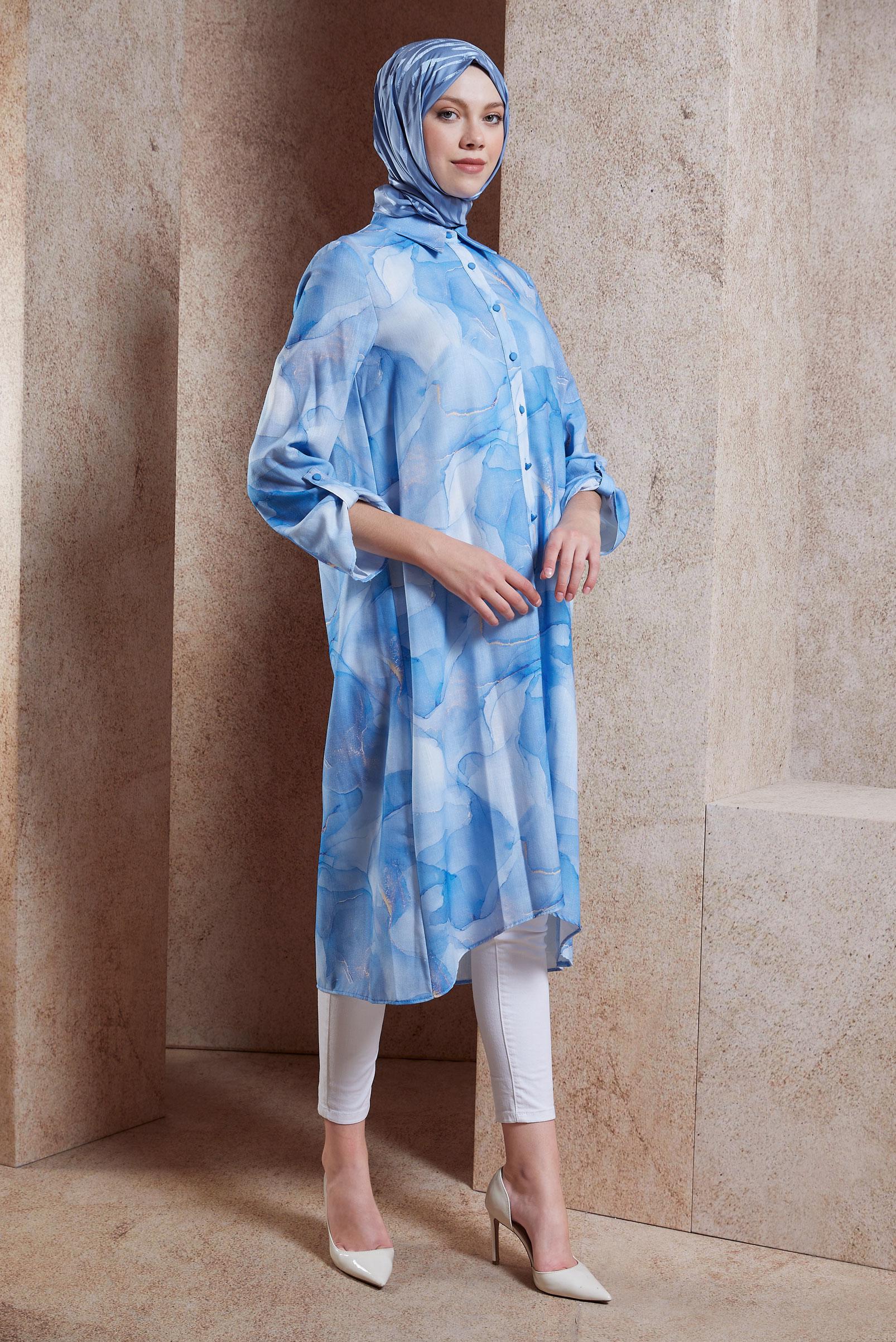 Tesettür giyim LACİVERT DESENLİ TESETTÜR TUNİK 44779