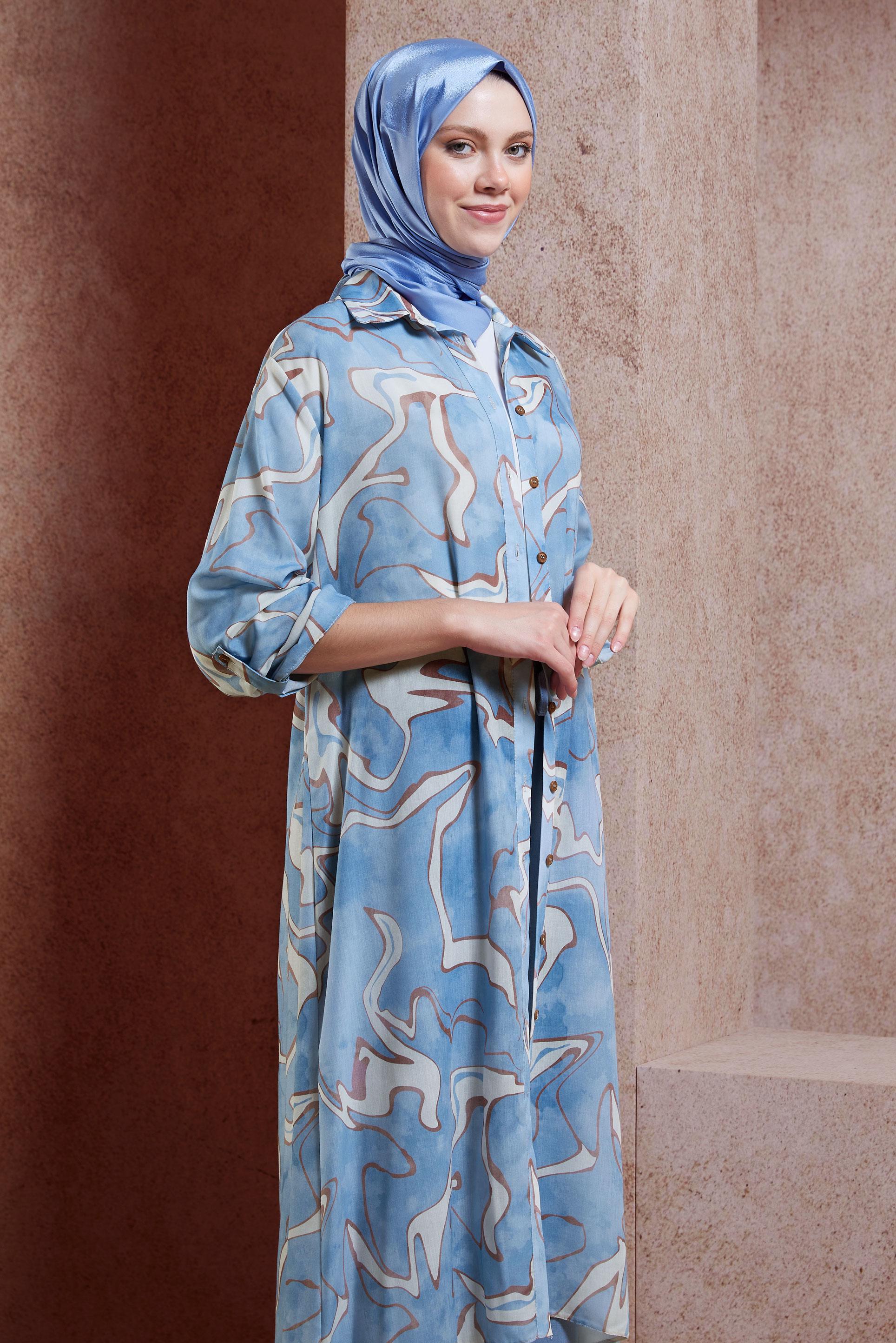 Hijab clothing BLUE PATTERNED MODEST TUNİC 44786