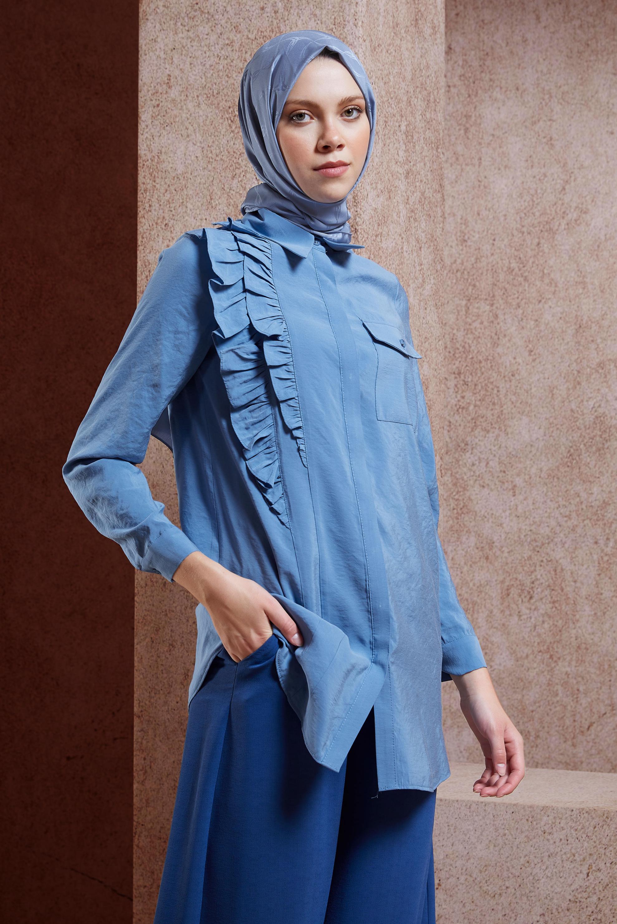 Tesettür giyim MAVİ FIRFIR DETAYLI TUNİK 44793